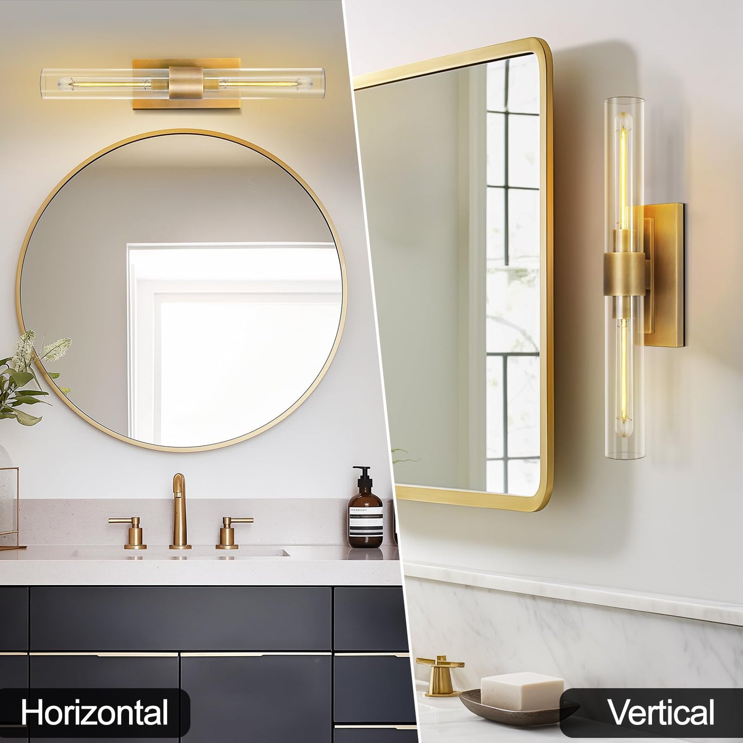 Brass Wall Sconces Set of Two, 22.8" Sconces Wall Lighting 2-Light, Gold Bathroom Vanity Wall Sconces, Glass Tube Wall Sconces, Indoor Wall Sconces for Bathroom, Bedroom, Vanity, Hallway