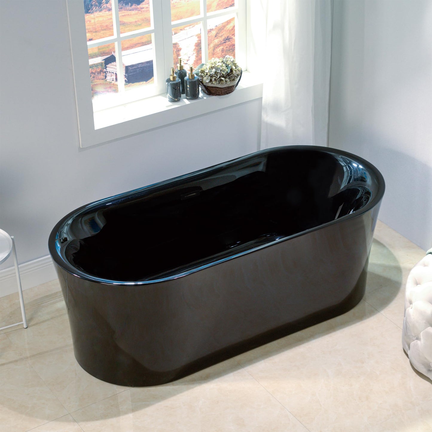WOODBRIDGE 59" Acrylic Freestanding Bathtub Contemporary Soaking White Tub with Brushed Nickel Overflow and Drain,B0014 -B/N-Drain &O