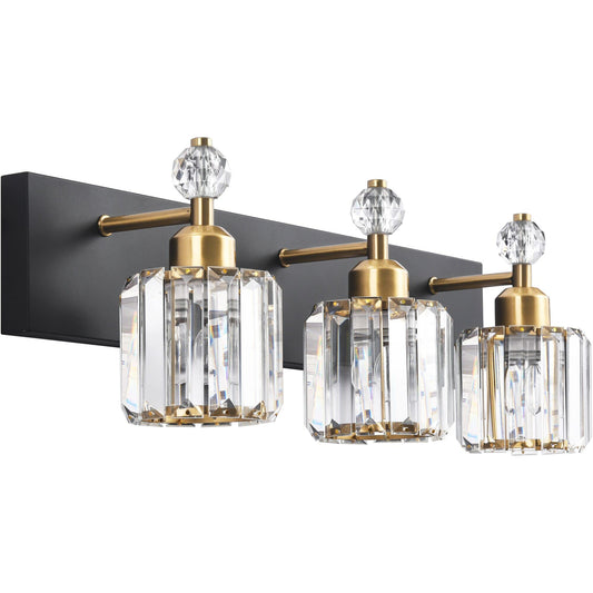 PRESDE Black Gold Crystal Bathroom Vanity Lights Fixtures Over Mirror Modern 3 Light Bath Wall Lighting