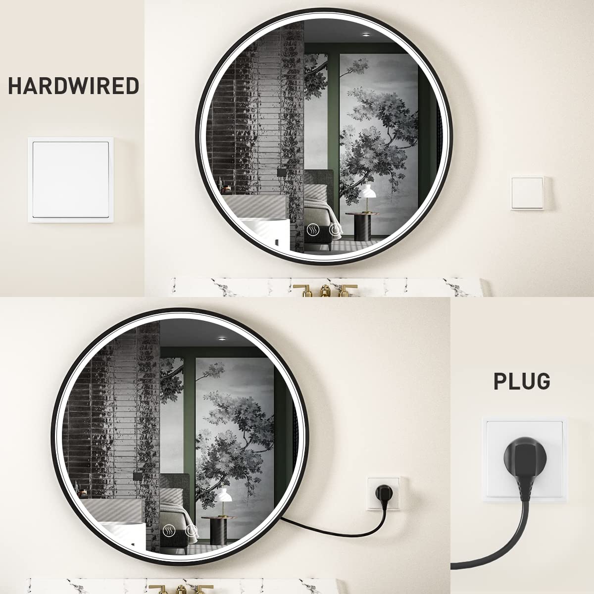 LED Round Mirror,36 Inch Gold Frame Bathroom Mirror with Light,6000K Lighted Vanity Mirror,Wall Mounted,Anti-Fog & Dimmable Touch Switch, Waterproof IP54