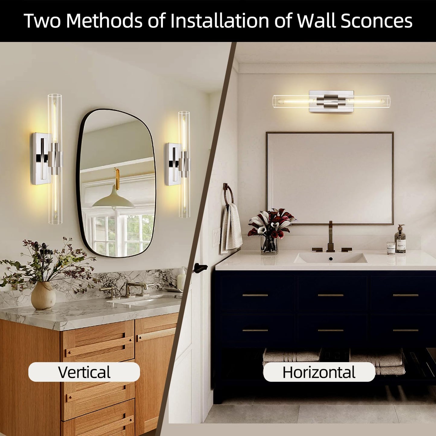 Brass Wall Sconces Set of Two, 22.8" Sconces Wall Lighting 2-Light, Gold Bathroom Vanity Wall Sconces, Glass Tube Wall Sconces, Indoor Wall Sconces for Bathroom, Bedroom, Vanity, Hallway