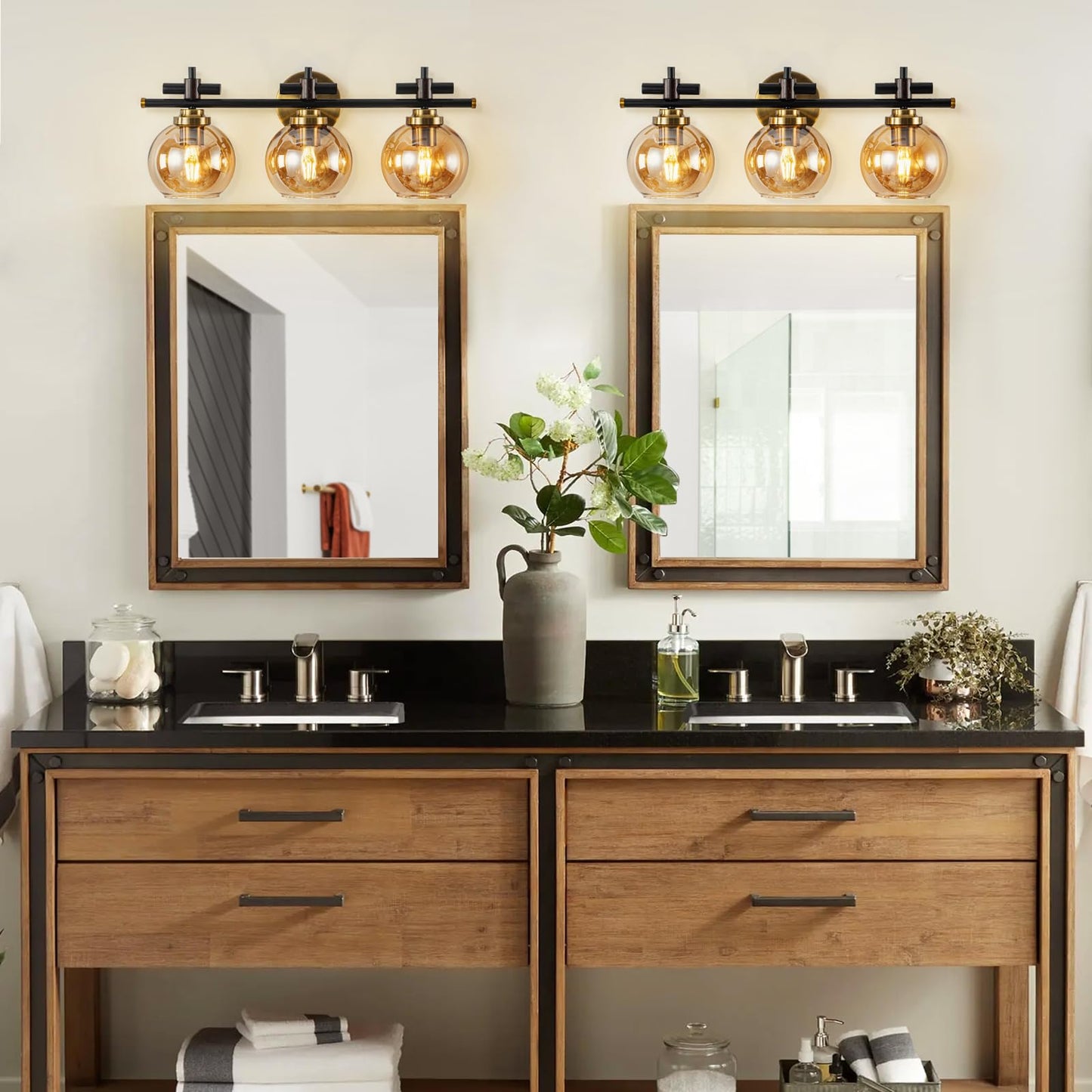 Bathroom Vanity Light, 3-Lights Vanity Lights for Bathroom, Bathroom Light Fixtures Over Mirror with Amber Glass Shade, 23 inch Modern Vanity Light (Amber Glass, 3 Lights)