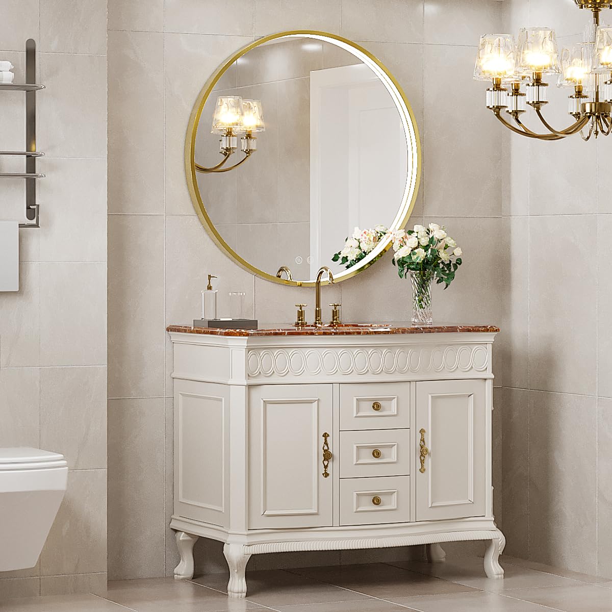 LED Round Mirror,36 Inch Gold Frame Bathroom Mirror with Light,6000K Lighted Vanity Mirror,Wall Mounted,Anti-Fog & Dimmable Touch Switch, Waterproof IP54