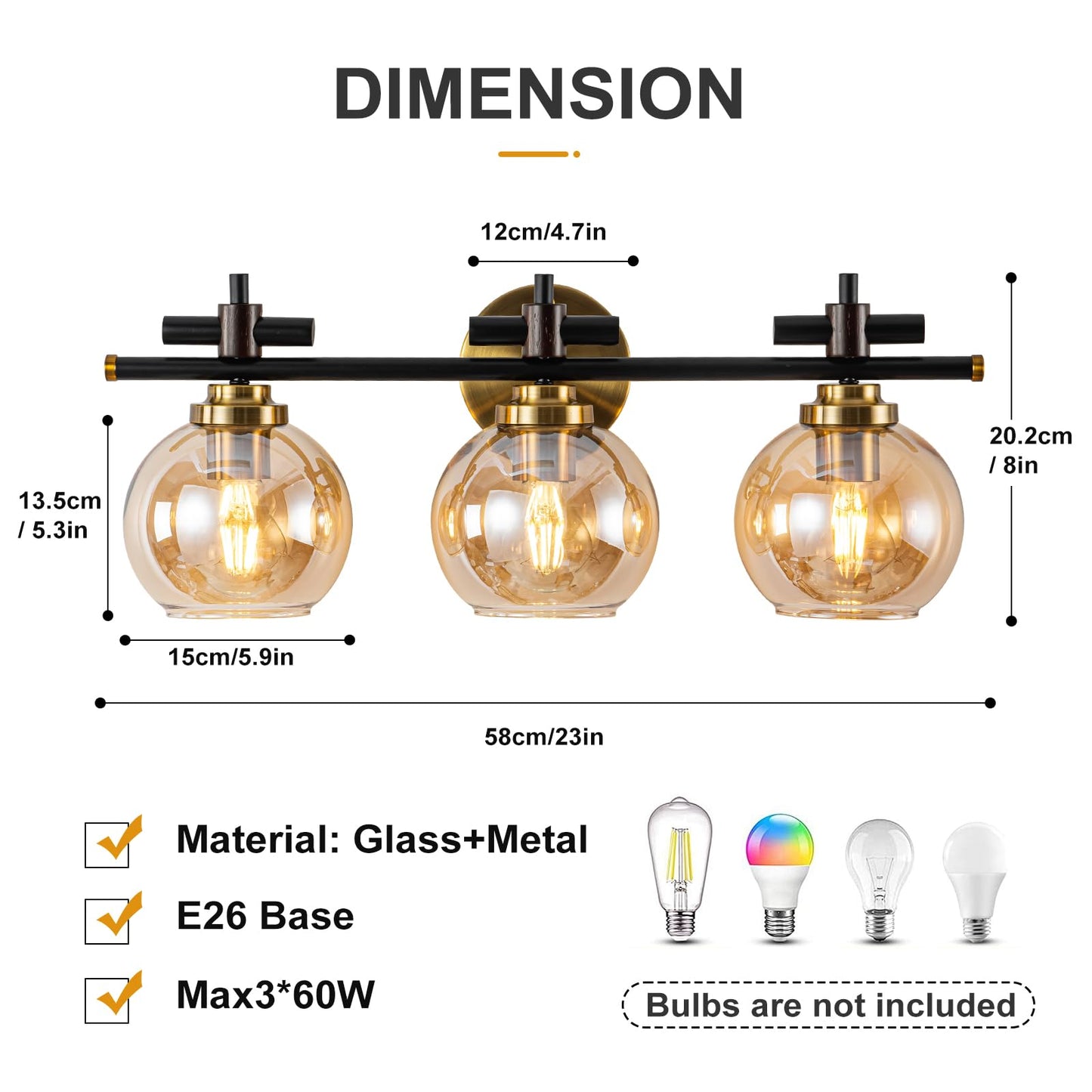 Bathroom Vanity Light, 3-Lights Vanity Lights for Bathroom, Bathroom Light Fixtures Over Mirror with Amber Glass Shade, 23 inch Modern Vanity Light (Amber Glass, 3 Lights)