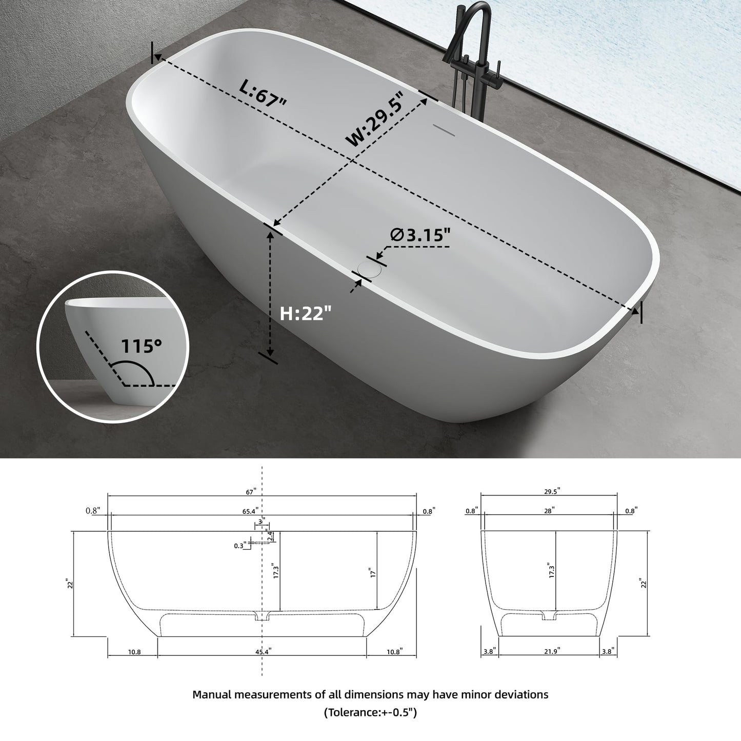 51'' Japanese Soaking Tub Freestanding Bathtub Resin Stone Bathtubs Deep soaking Tub with Overflow and Pop-up Drain - White
