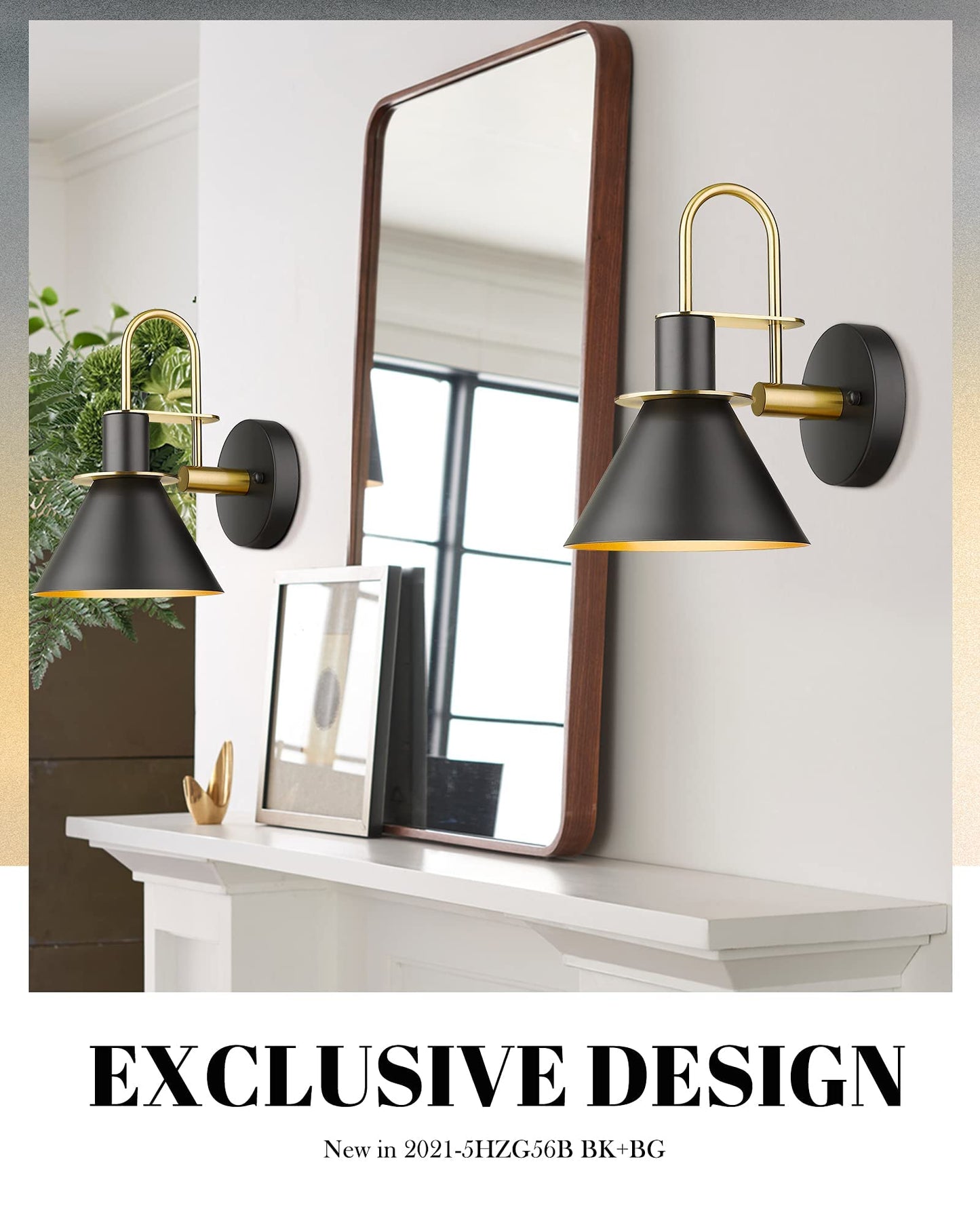 Modern Wall Sconces Set of Two, HWH Industrial Sconce Wall Lighting Indoor Wall Lamp, Gooseneck 1-Light Barn Vanity Light, Hammered Metal Shade, Black and Gold Finish, 5HZG74B-2 BK+BG