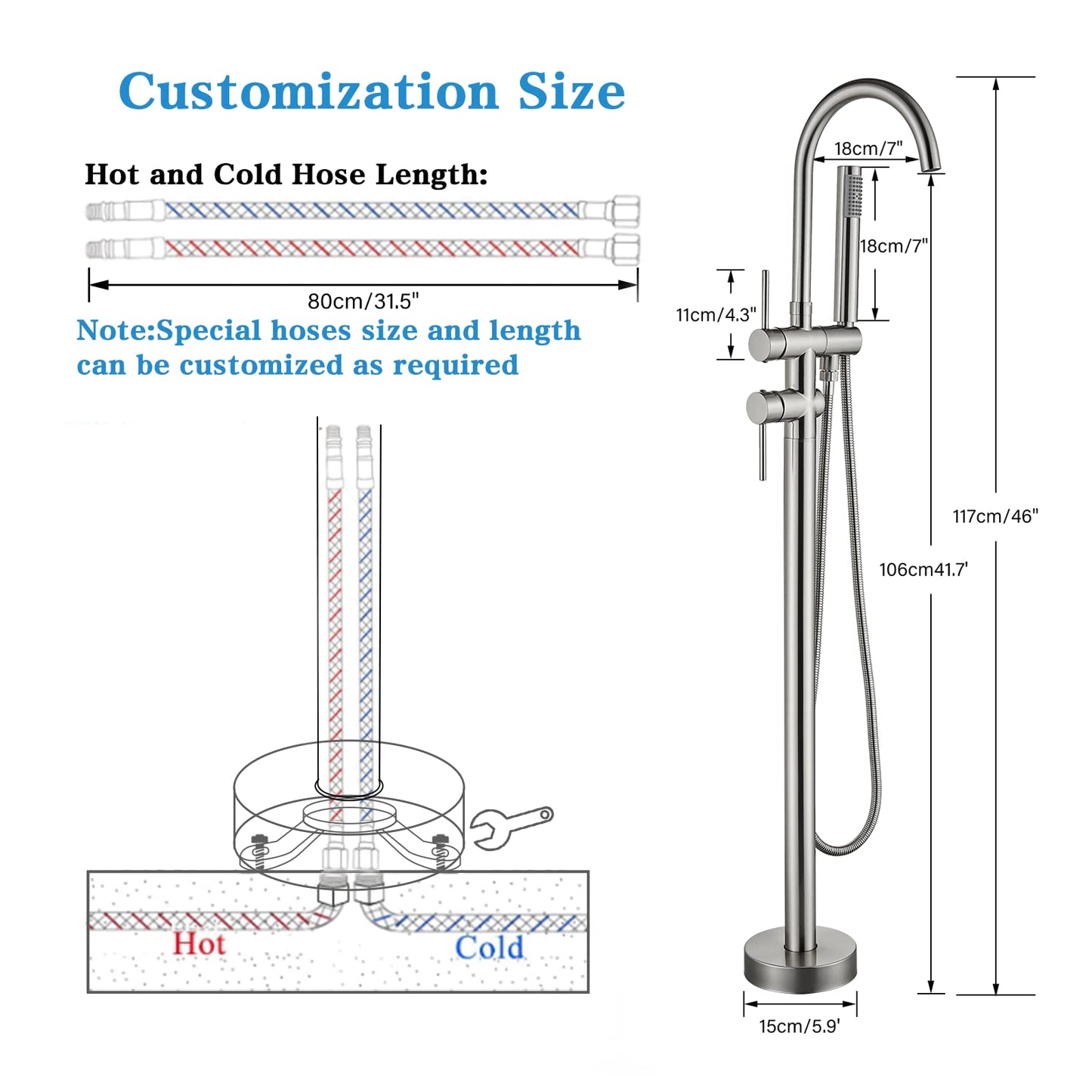 YAGATAP Freestanding Bathtub Faucet Floor Mount Tub Filler Matte Black High Flow Shower Faucets with Handheld Shower Mixer Taps Swivel Spout
