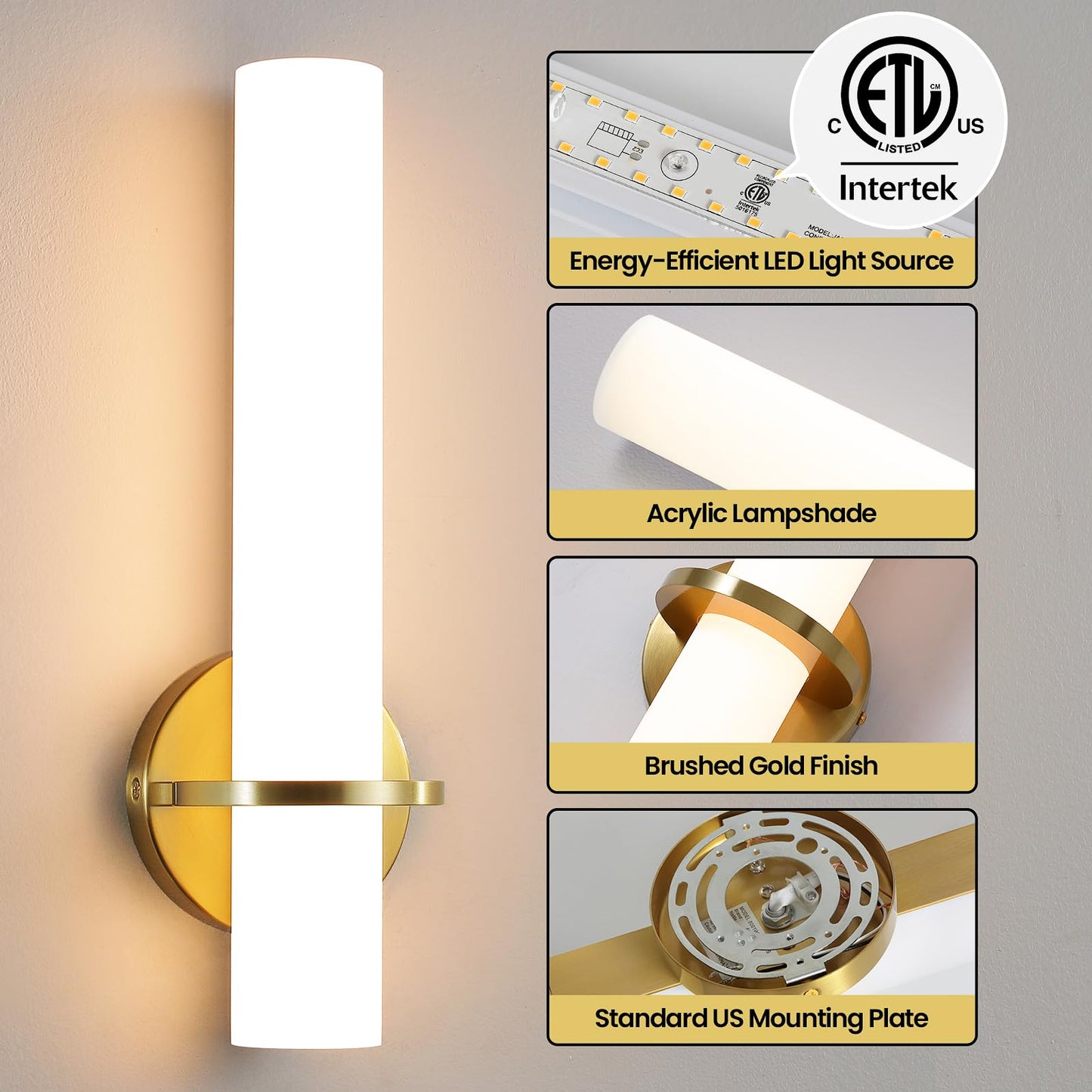 Gold Wall Sconces Set of Two - Dimmable Modern Sconces Wall Lighting 18W 3000K Led Wall Lights Acrylic Lampshade Hardwired Wall Light Fixtures for Living Room Bedroom Bathroom Hallway 18inch