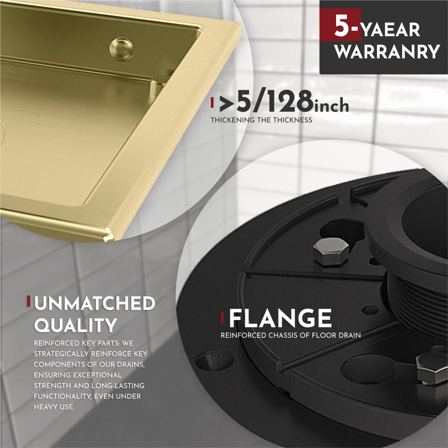 6 Inch Square Shower Floor Drain with Flange,Quadrato Pattern Grate Removable,Food-grade SUS 304 Stainless Steel,WATERMARK&CUPC Certified, Brushed Gold