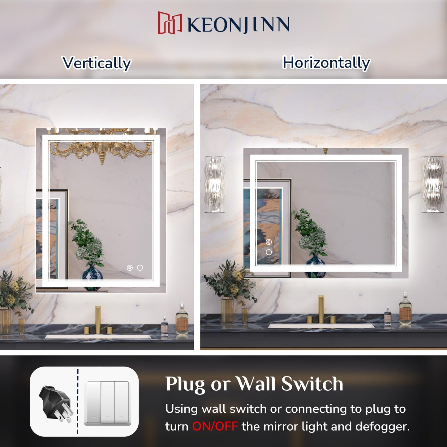 Keonjinn LED Bathroom Mirror 55 x 30 Inch Large Bathroom Mirror with Front Lights Lighted Vanity Mirror Wall Mounted Makeup Mirror Anti-Fog Dimmable Tempered Glass (Horizontal/Vertical)