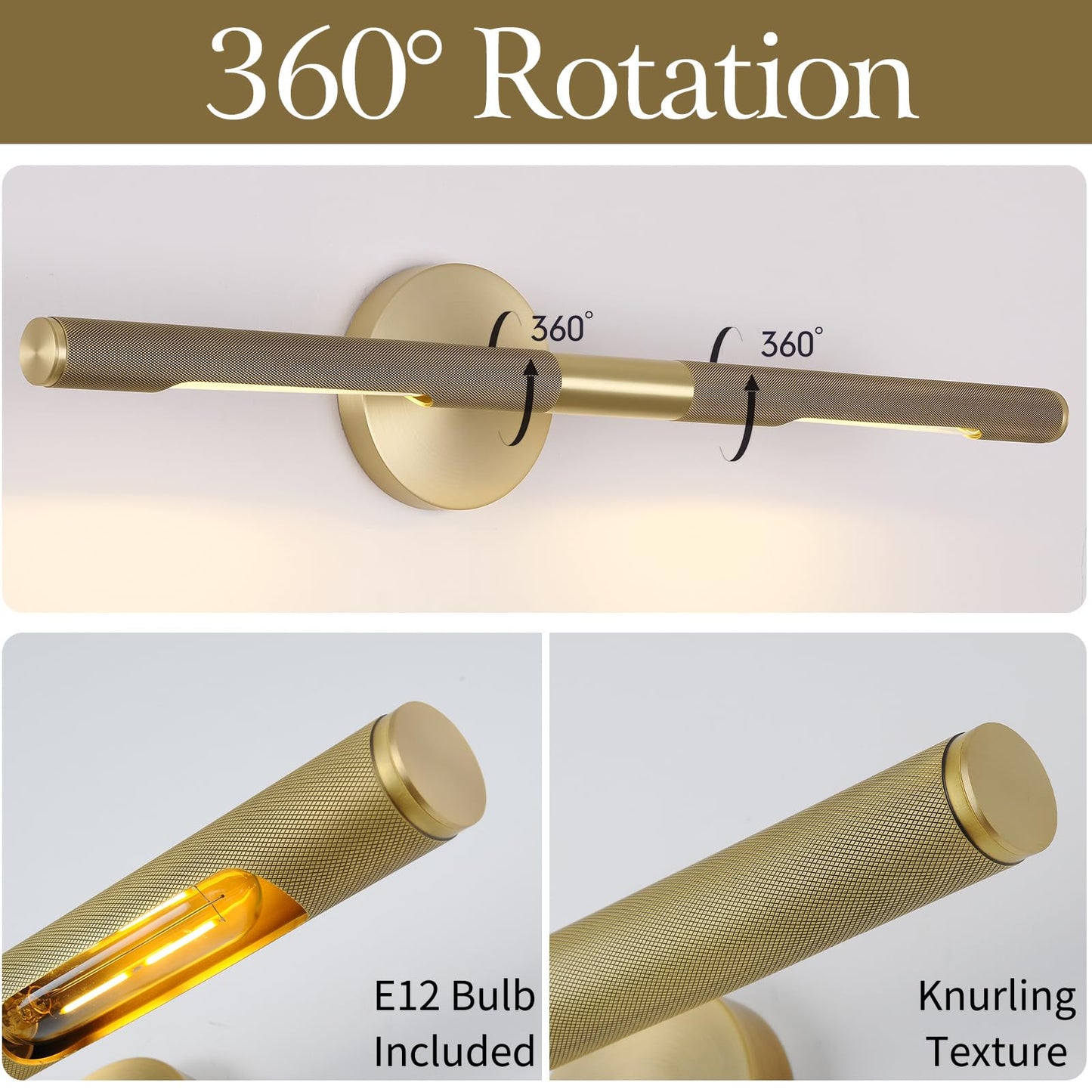 Knurled Brass Picture Light,19 in Gold Picture Lights For Wall,Rotatable 360° Wall Sconces Lighting,Bathroom Vanity Light,Bathroom Wall Sconce,Linear Knurled texture Wall Sconce,Includes bulbs
