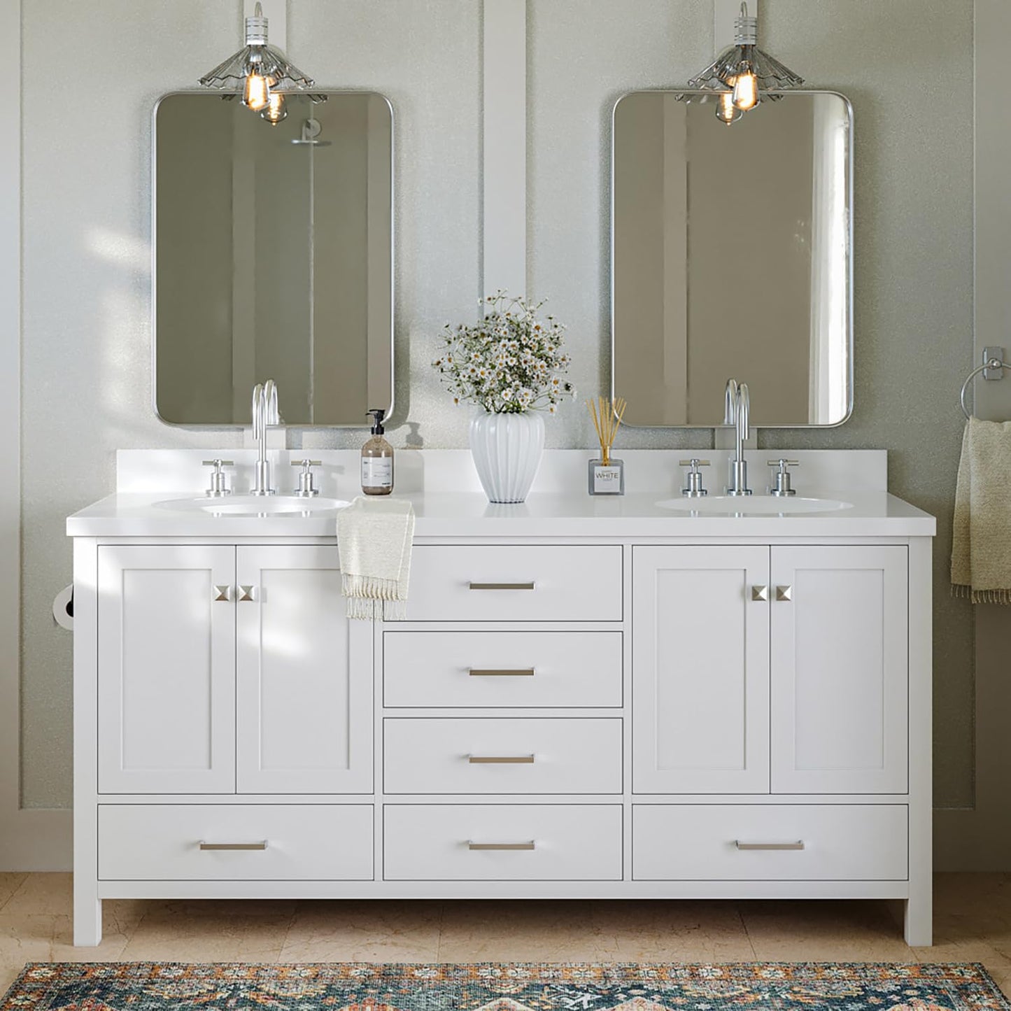 ARIEL 72" Midnight Blue Double Bathroom Vanity Base Cabinet, Double Sink Configuration, 2 Soft Closing Doors, 9 Full Extension Dovetail Drawers, Satin Brass