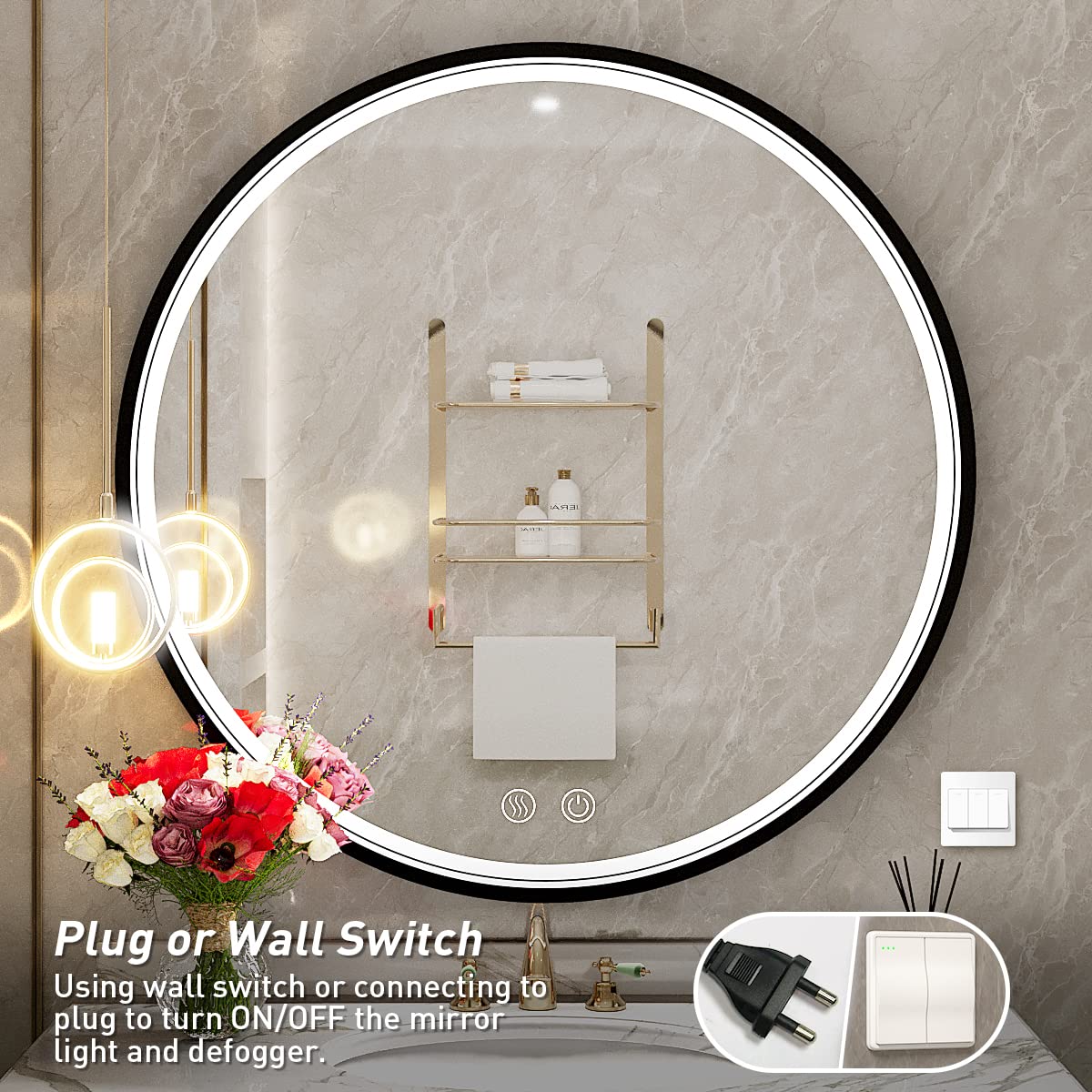 LED Round Mirror,36 Inch Gold Frame Bathroom Mirror with Light,6000K Lighted Vanity Mirror,Wall Mounted,Anti-Fog & Dimmable Touch Switch, Waterproof IP54