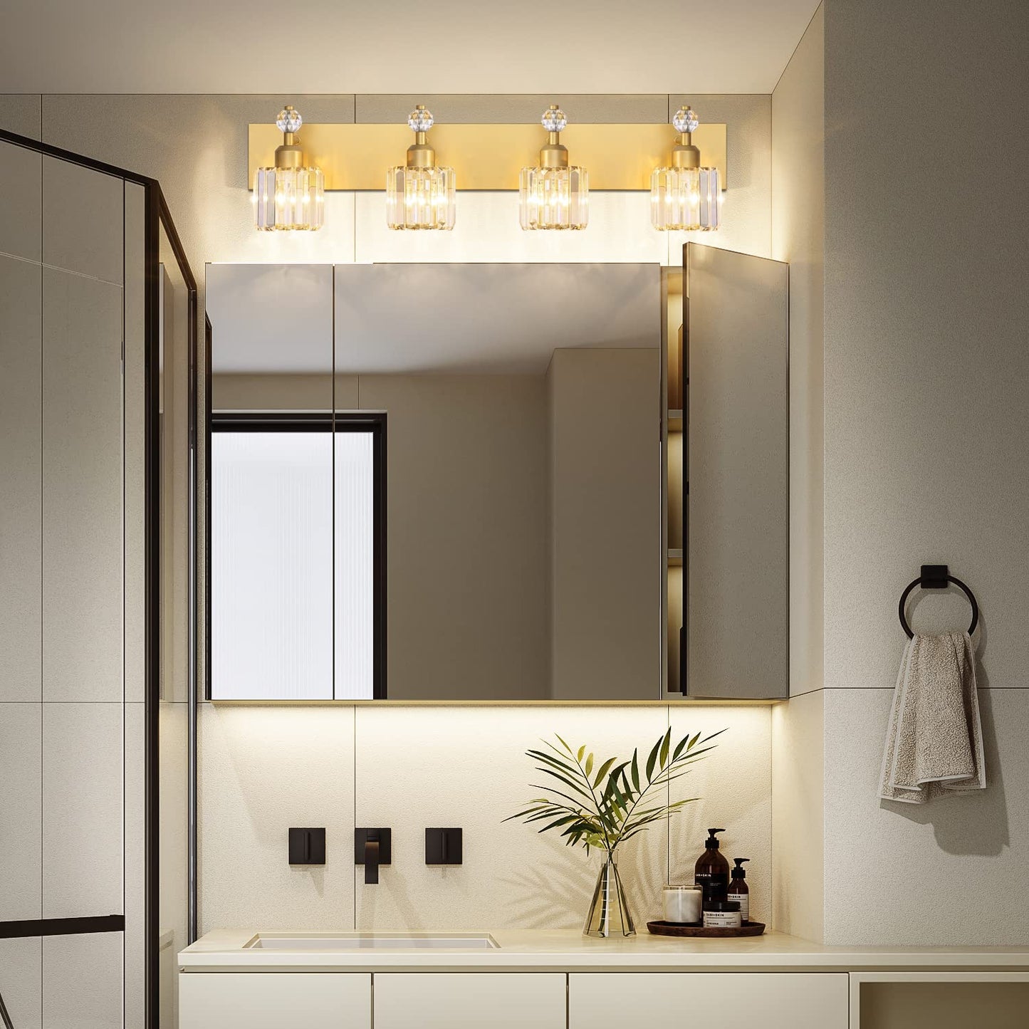 PRESDE Black Gold Crystal Bathroom Vanity Lights Fixtures Over Mirror Modern 3 Light Bath Wall Lighting