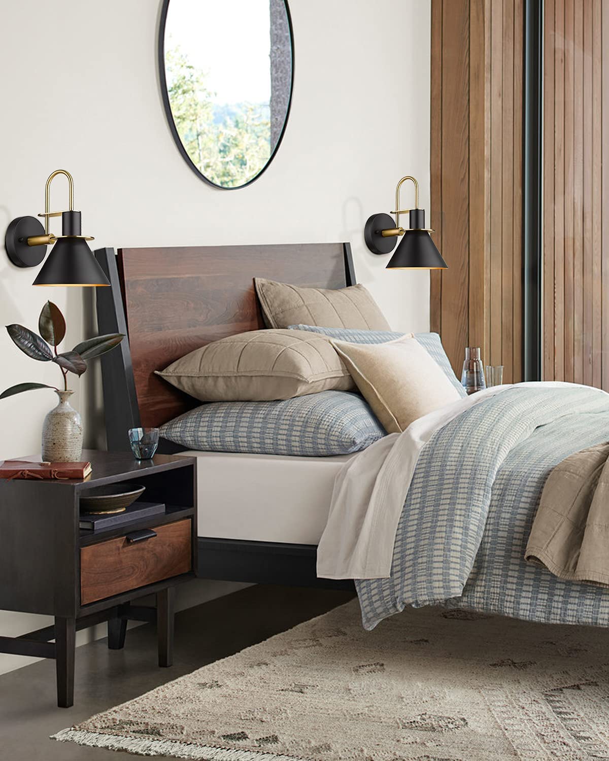 Modern Wall Sconces Set of Two, HWH Industrial Sconce Wall Lighting Indoor Wall Lamp, Gooseneck 1-Light Barn Vanity Light, Hammered Metal Shade, Black and Gold Finish, 5HZG74B-2 BK+BG