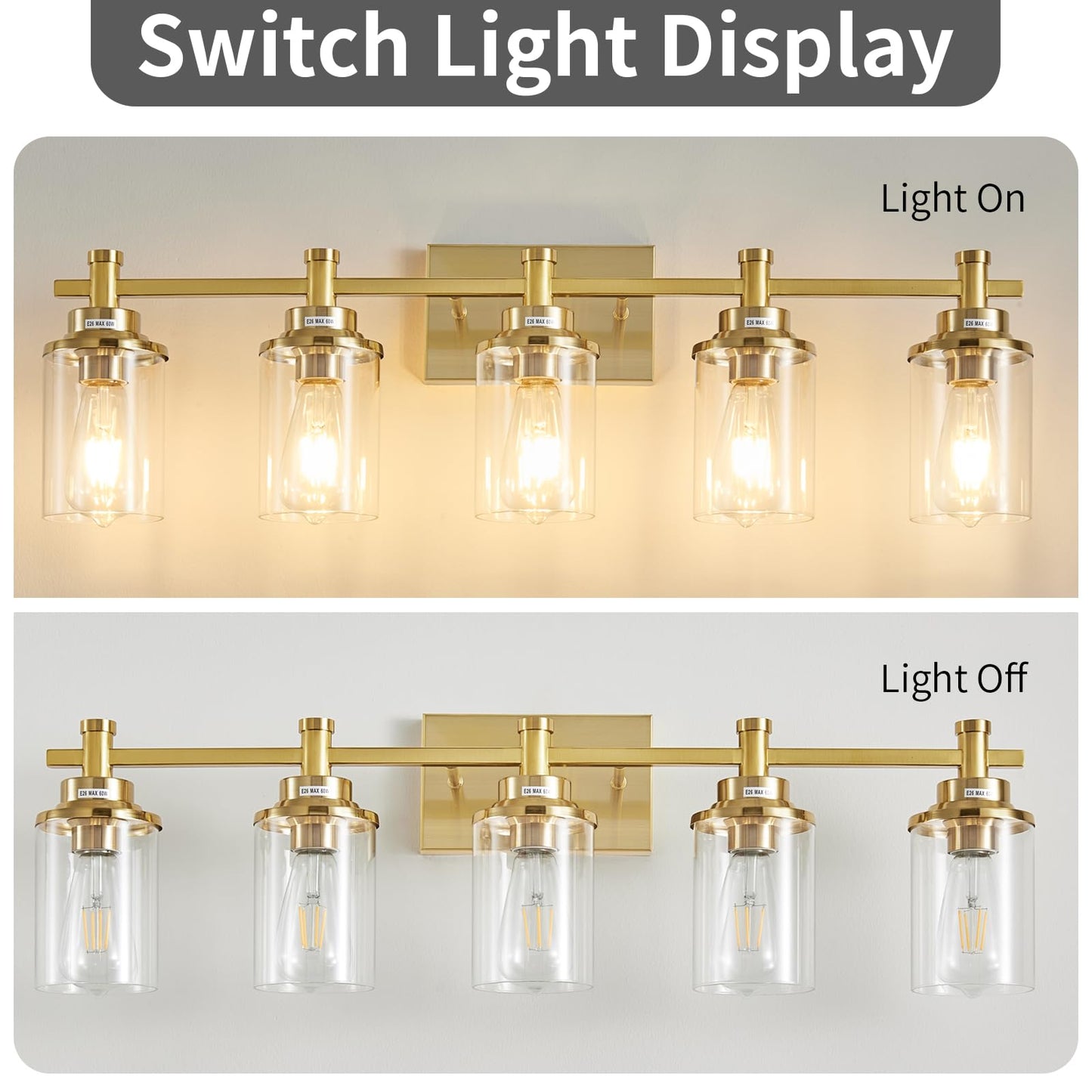 3 Light Bathroom Light Fixtures, Black and Brushed Gold Vanity Light Fixture Over Mirror, Modern Wall Sconces Lighting Wall Lamp for Bathroom, Bedroom, Hallway with Clear Glass Shade