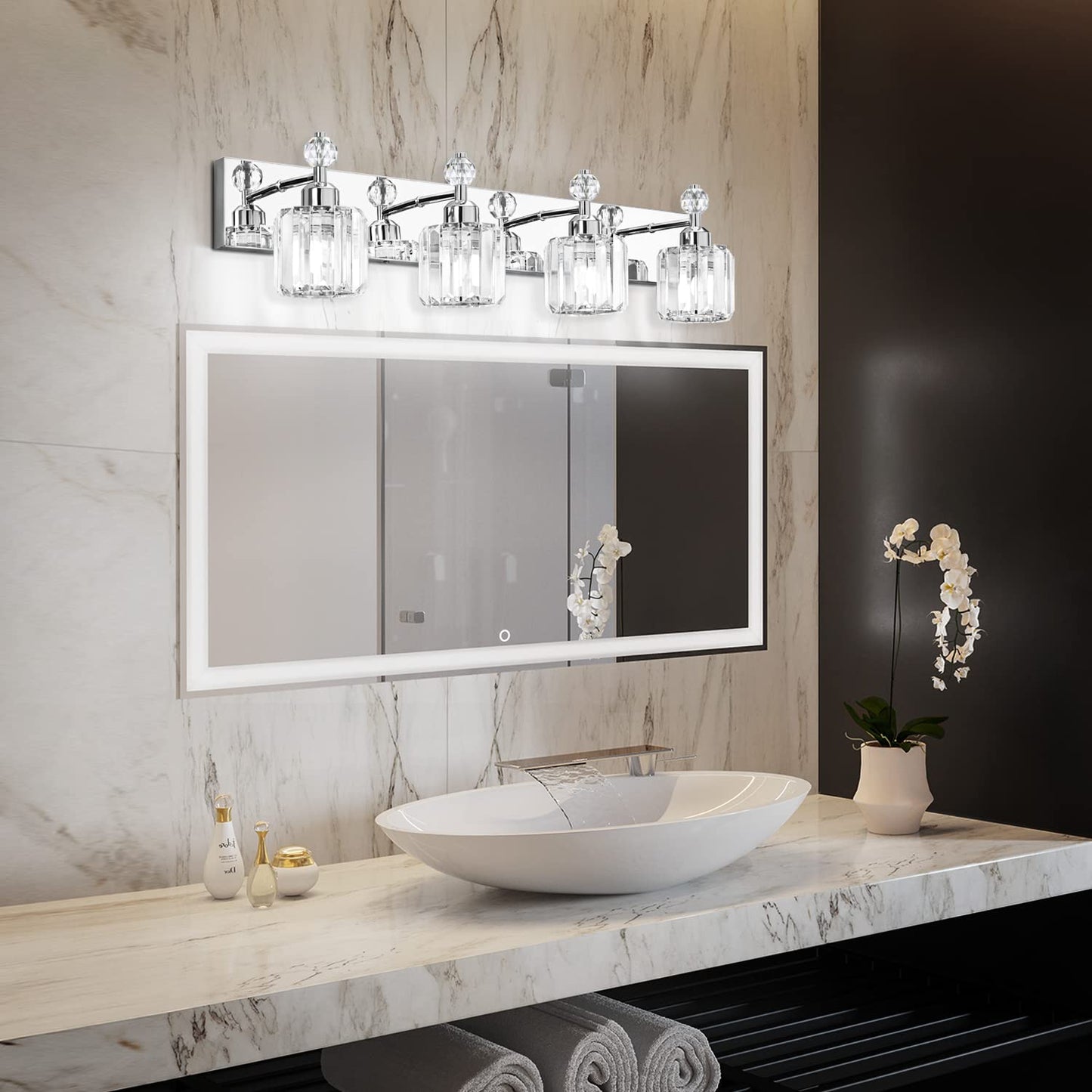 PRESDE Black Gold Crystal Bathroom Vanity Lights Fixtures Over Mirror Modern 3 Light Bath Wall Lighting