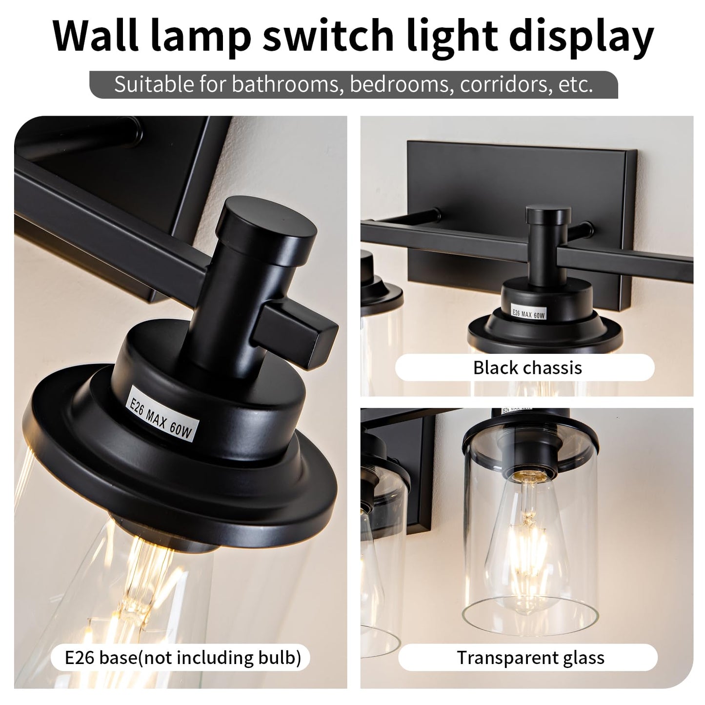3 Light Bathroom Light Fixtures, Black and Brushed Gold Vanity Light Fixture Over Mirror, Modern Wall Sconces Lighting Wall Lamp for Bathroom, Bedroom, Hallway with Clear Glass Shade