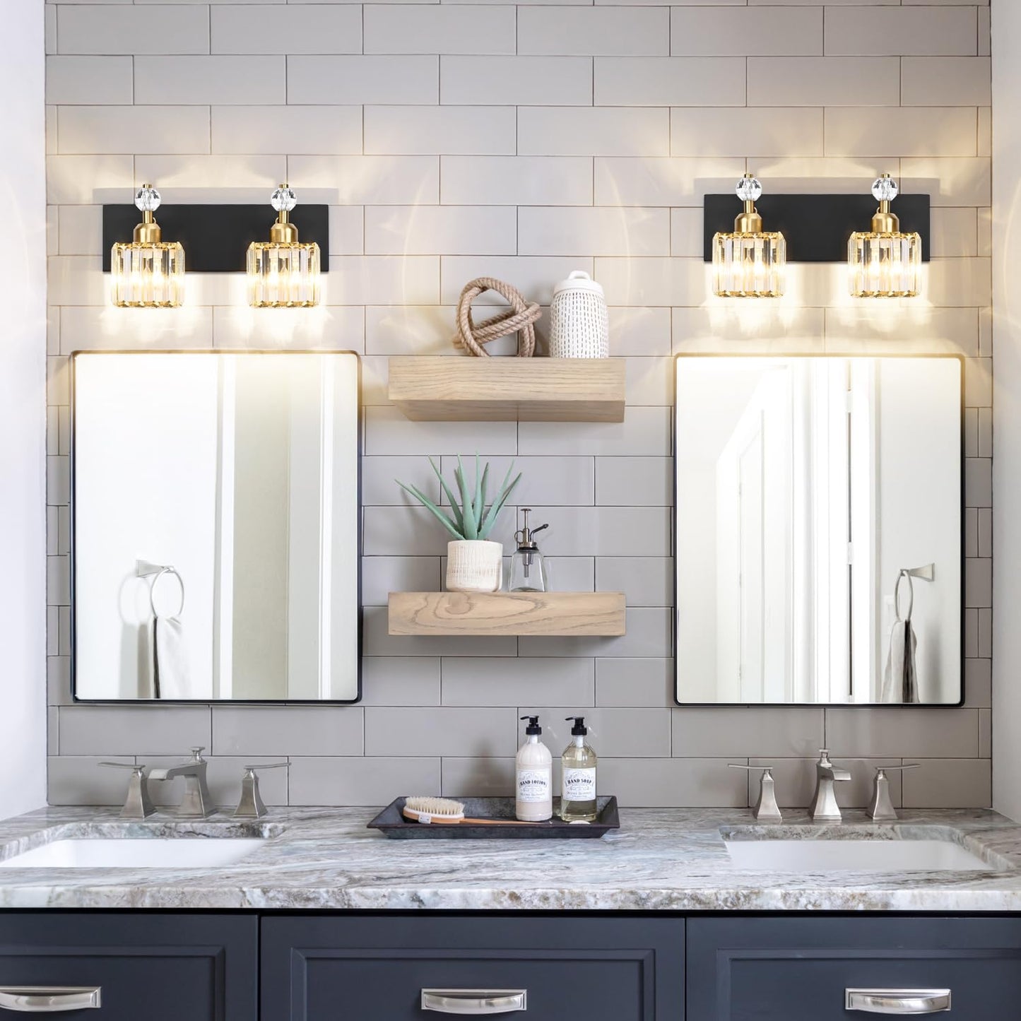 PRESDE Black Gold Crystal Bathroom Vanity Lights Fixtures Over Mirror Modern 3 Light Bath Wall Lighting