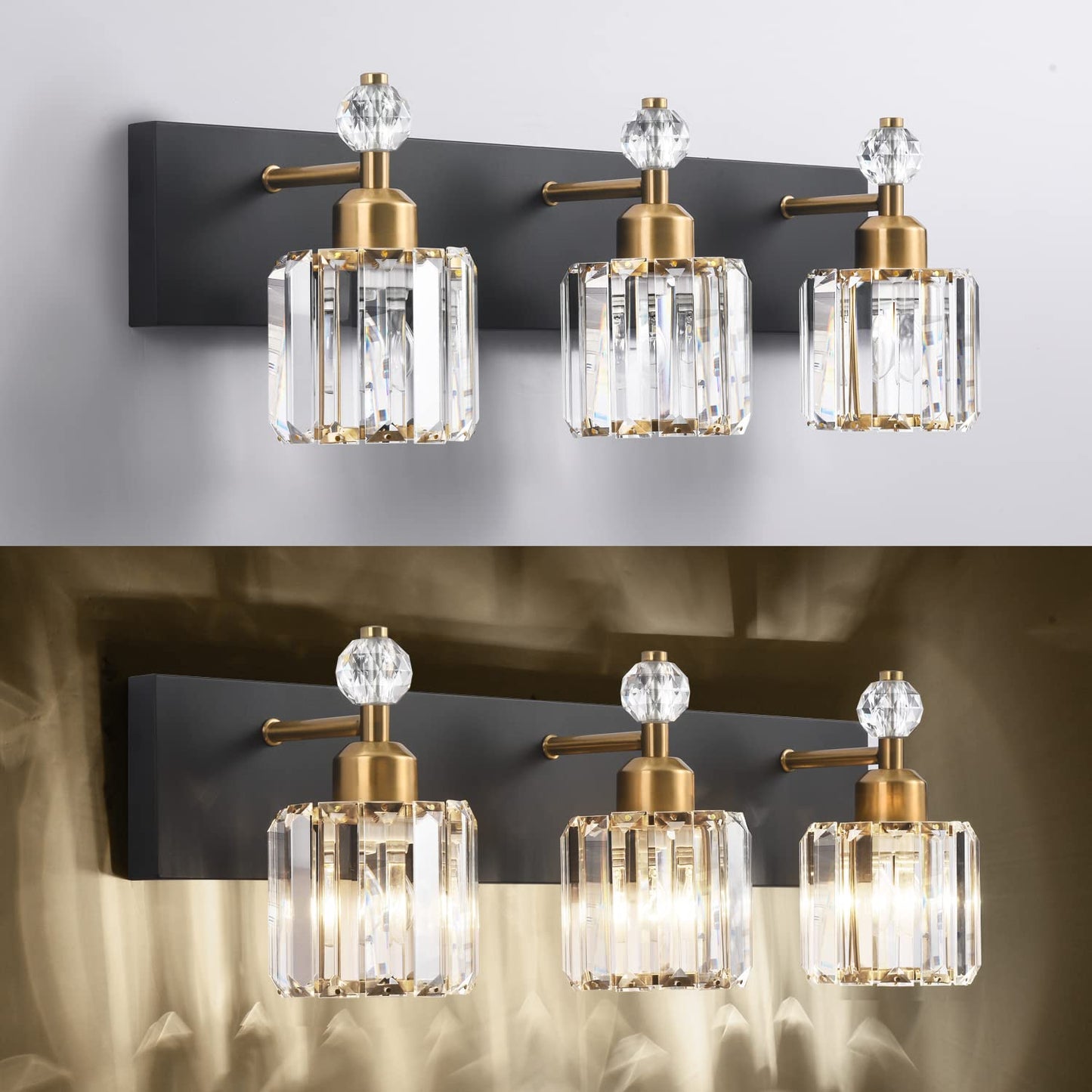 PRESDE Black Gold Crystal Bathroom Vanity Lights Fixtures Over Mirror Modern 3 Light Bath Wall Lighting
