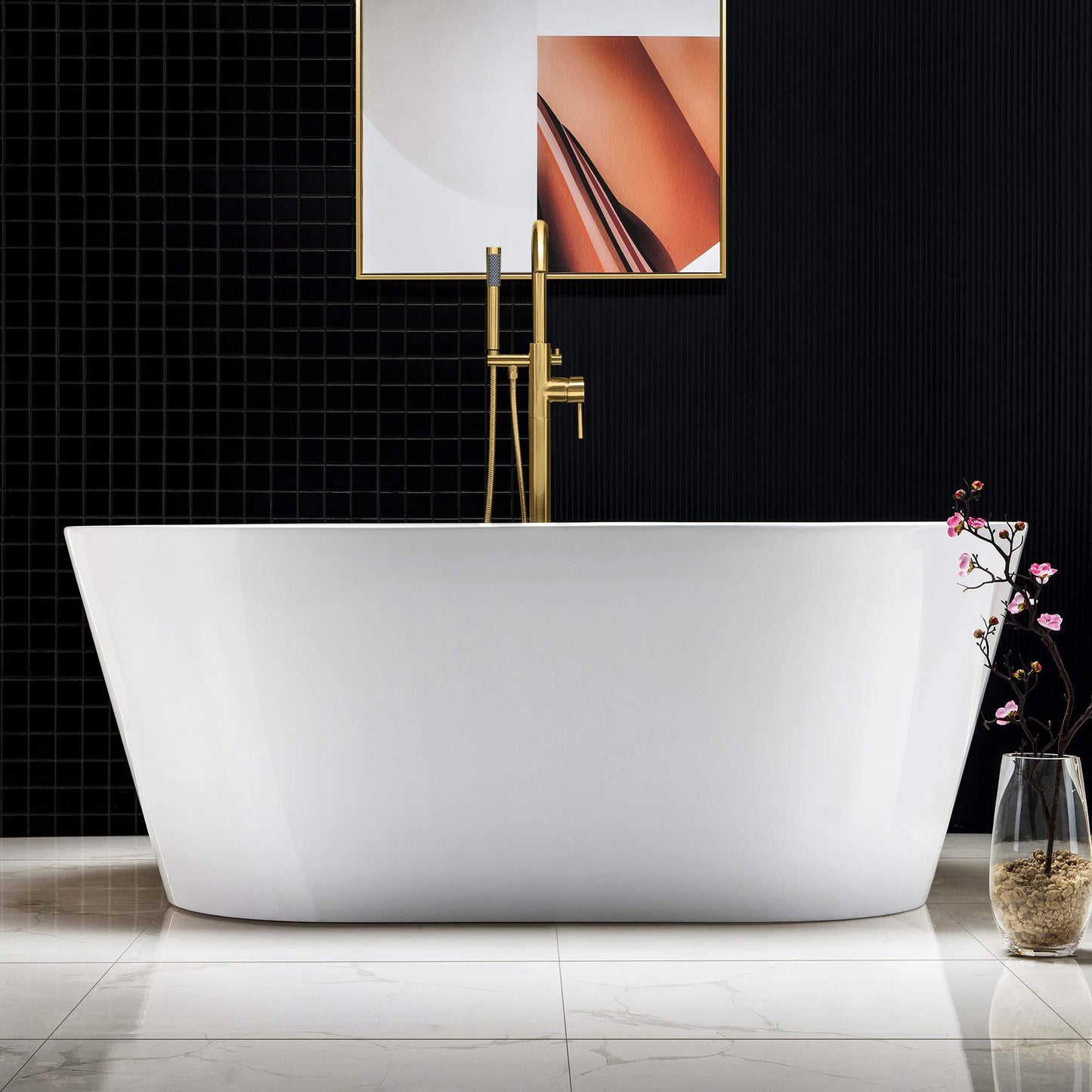 WOODBRIDGE 59" Acrylic Freestanding Bathtub Contemporary Soaking White Tub with Brushed Nickel Overflow and Drain,B0014 -B/N-Drain &O