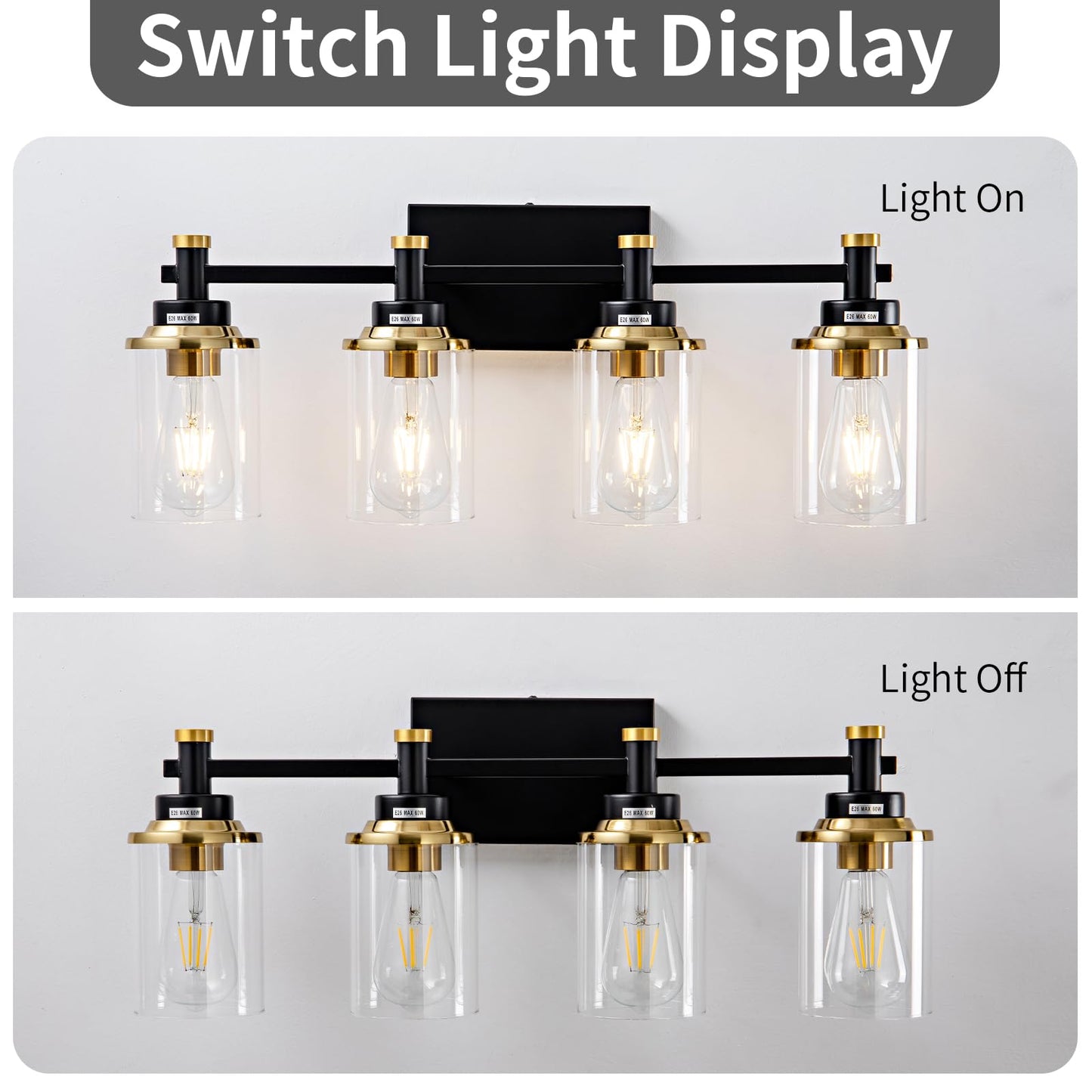 3 Light Bathroom Light Fixtures, Black and Brushed Gold Vanity Light Fixture Over Mirror, Modern Wall Sconces Lighting Wall Lamp for Bathroom, Bedroom, Hallway with Clear Glass Shade