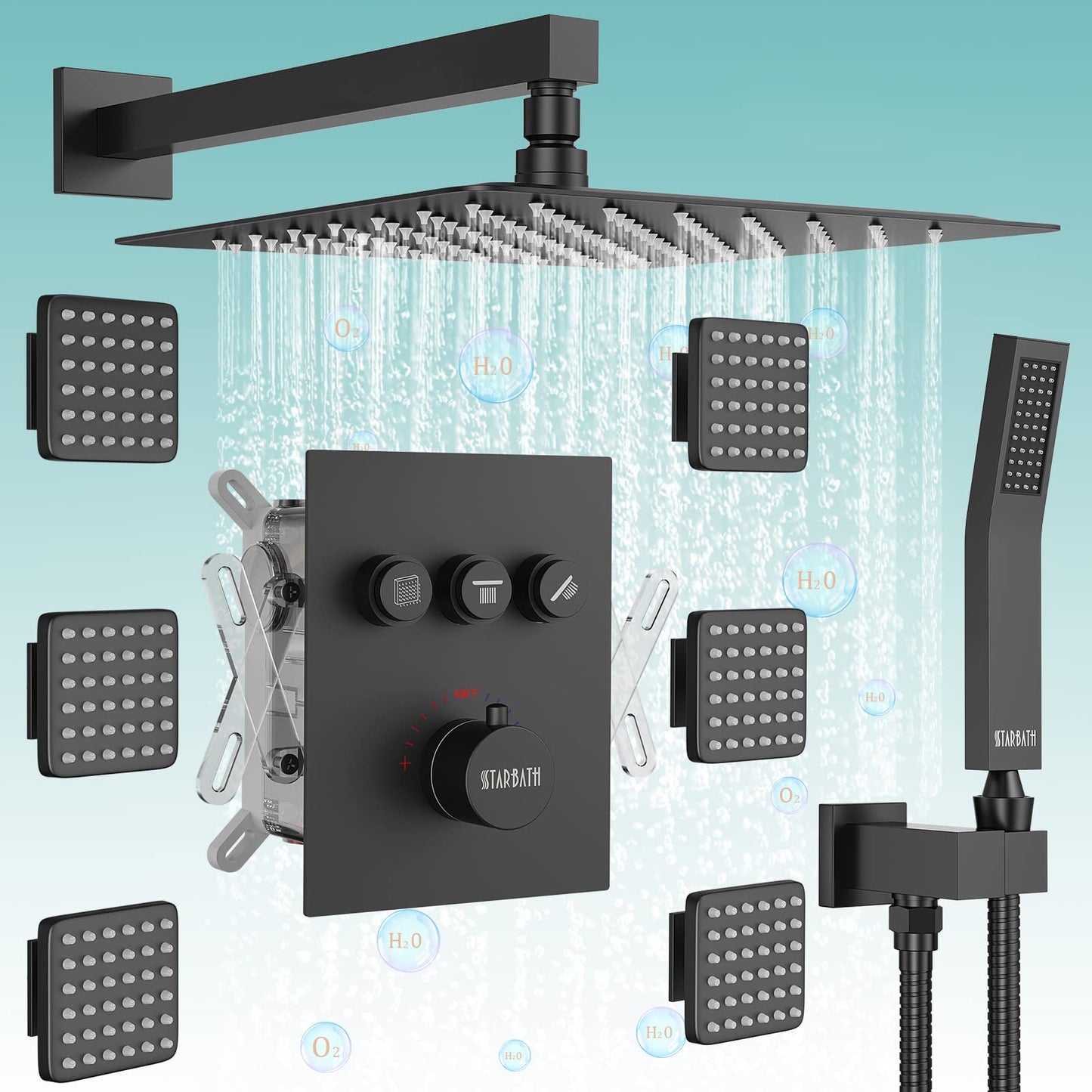 Gold Shower System, 12 Inch Shower Jets System Rain Shower Wall Mounted Body Spray Shower Faucet with Handheld and 6 Shower Jets Thermostatic Valve Body Can Use All Together-Brushed Gold