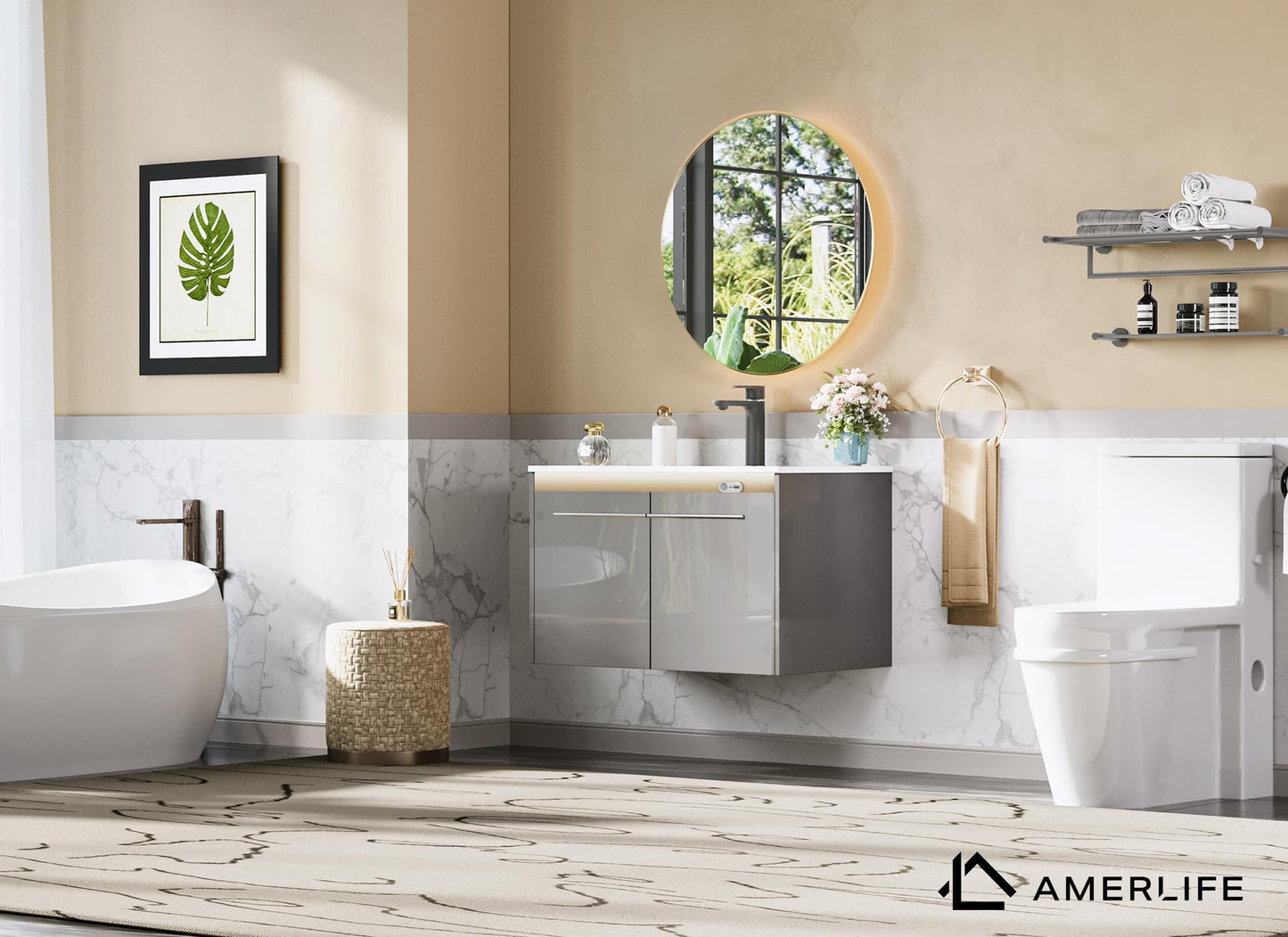 AMERLIFE 31" LED Floating Bathroom Vanity with Sink, High Gloss Single Sink Wall Mounted Bathroom Storage Vanity Cabinet, Modern Bathroom Sink Cabinet with Metal Handles, White