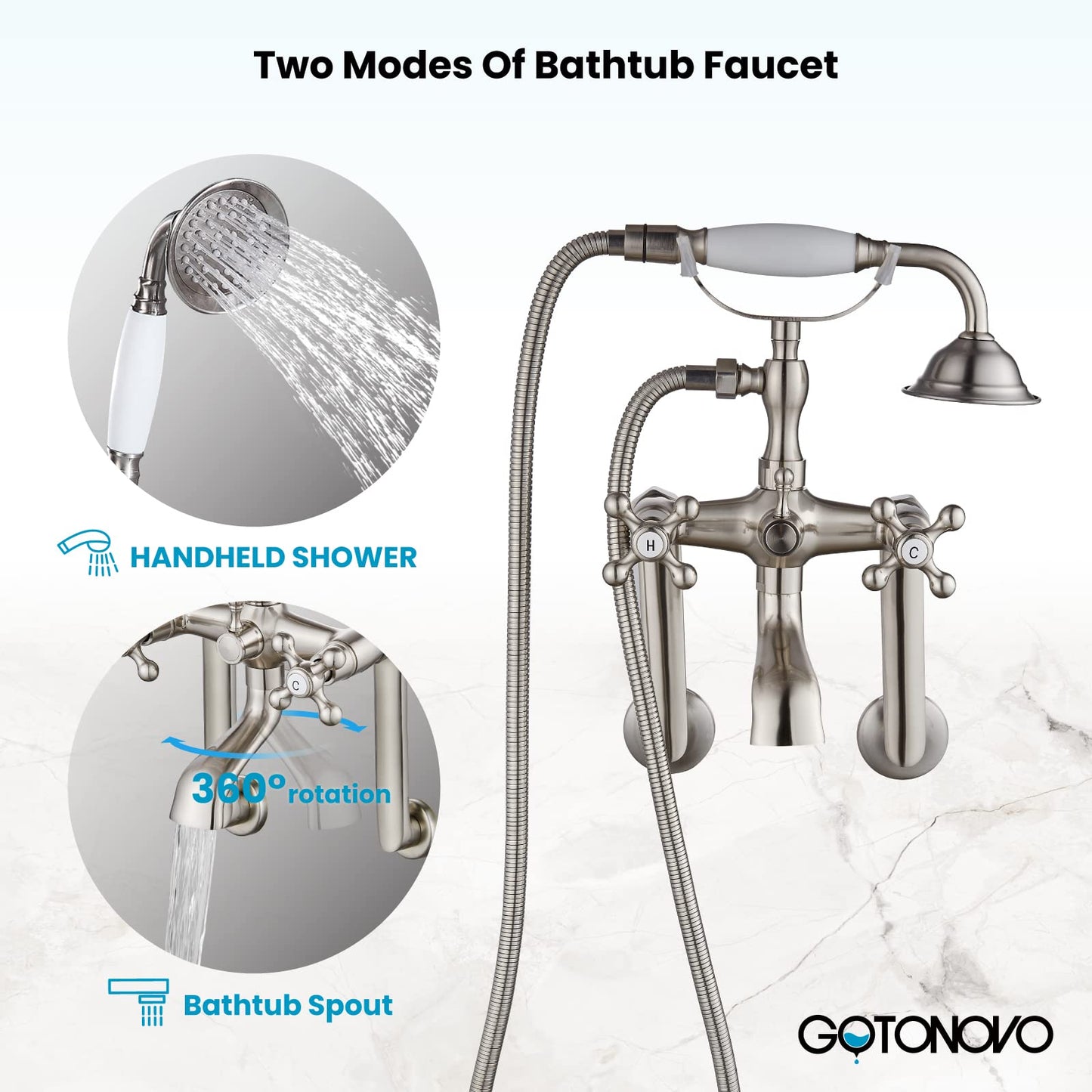 gotonovo Bathtub Clawfoot Faucet Brushed Nickel Finish Wall Mount Tub Filler with Hand Held Shower Faucet 2 Cross Handles with Tub Spout Victorian Vintage Telephone Style