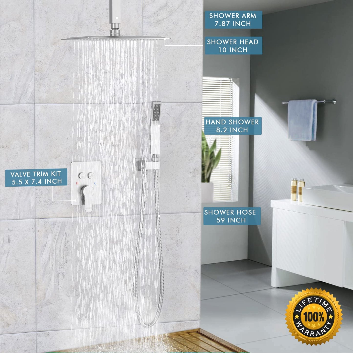 Matte Black Shower System, Shower Faucet Set with 3 Way Pressure Balance Valve and Trim Kit All Metal 10 Inch Rainfall Shower Head System Wall Mounted Can Use All Faucets At Same Time