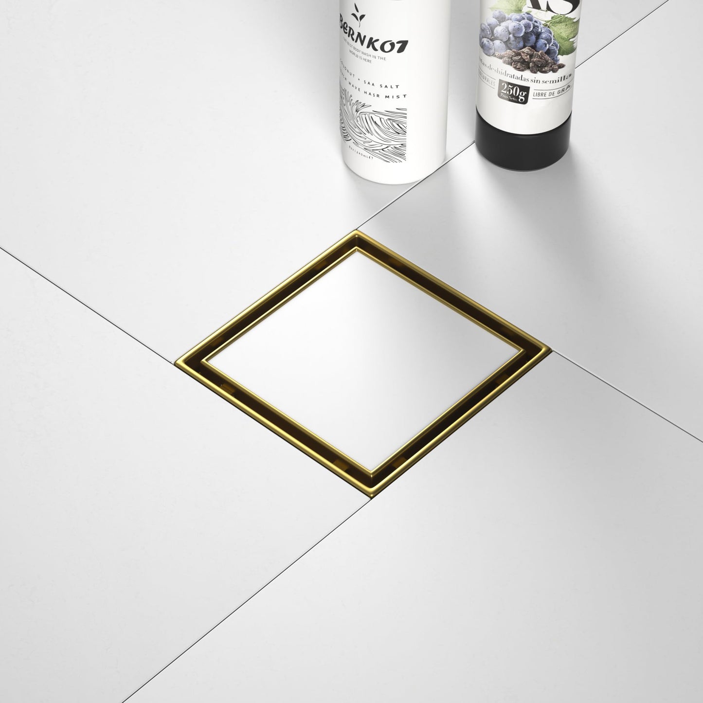 Square Shower Drain 6", Brushed Gold Floor Drain with Tiled Insert Grate & Hair Strainer, 304 Stainless Steel Bathroom 2-in-1 Tiled in Drain, CUPC Certified (Brushed Gold, 6'')