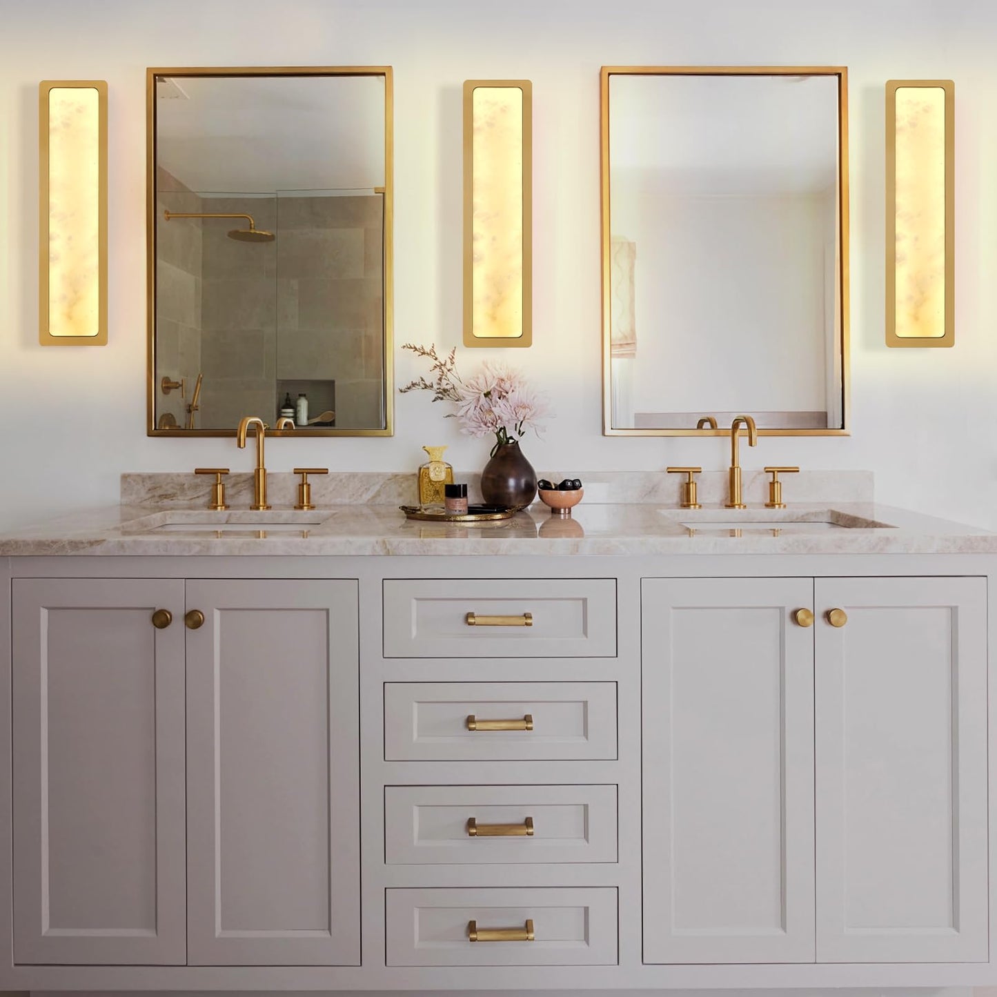Modern Alabaster Wall Sconces Set of Two, 20" Gold Bathroom Sconces Wall Lighting Brass Sconce Vanity Light Indoor Natural Marble Wall Lights for Living Room, Dining Room, Bedroom, Stairs, Foyer