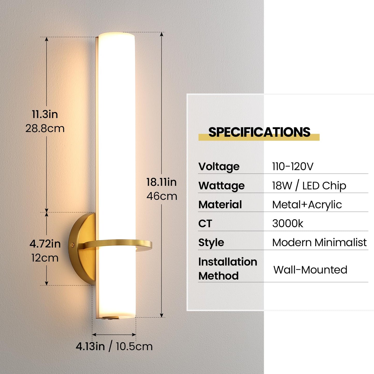 Gold Wall Sconces Set of Two - Dimmable Modern Sconces Wall Lighting 18W 3000K Led Wall Lights Acrylic Lampshade Hardwired Wall Light Fixtures for Living Room Bedroom Bathroom Hallway 18inch