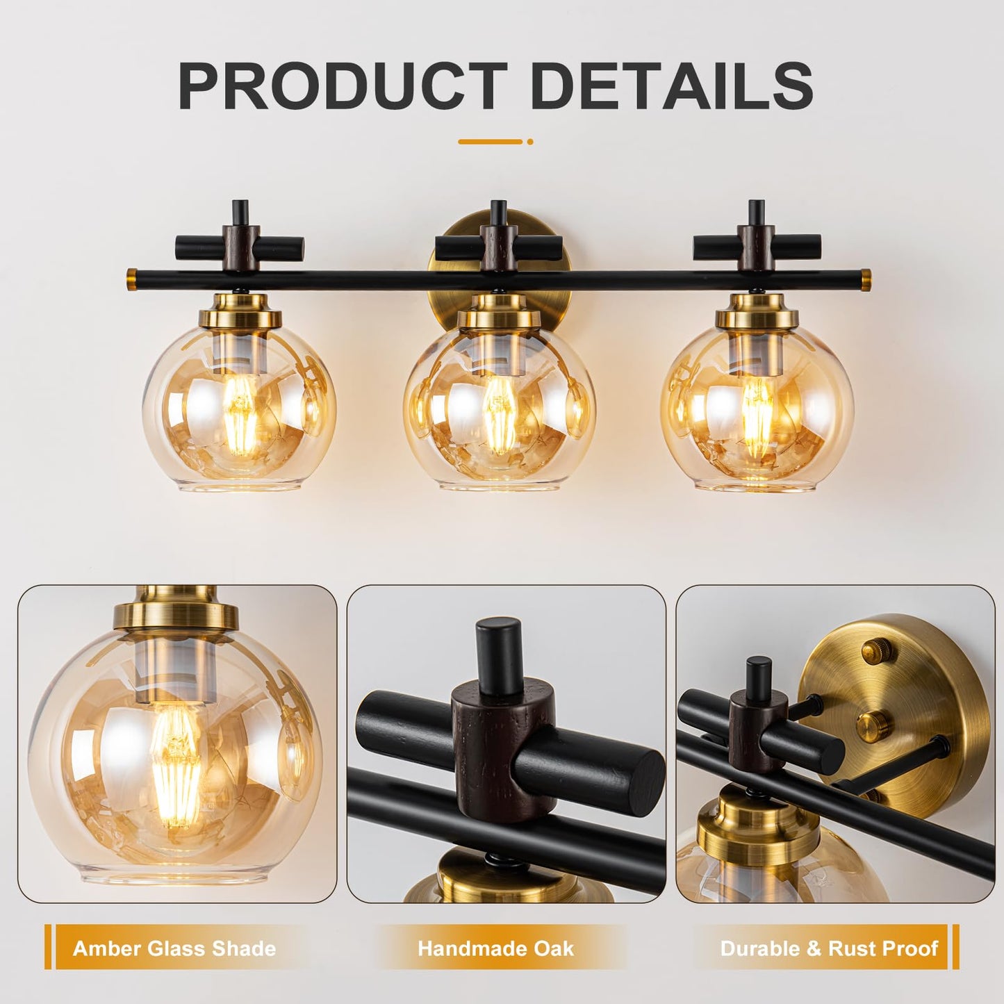 Bathroom Vanity Light, 3-Lights Vanity Lights for Bathroom, Bathroom Light Fixtures Over Mirror with Amber Glass Shade, 23 inch Modern Vanity Light (Amber Glass, 3 Lights)