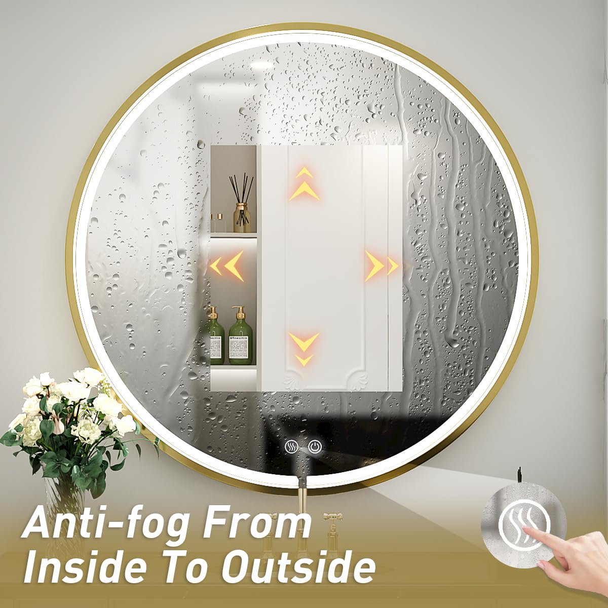 LED Round Mirror,36 Inch Gold Frame Bathroom Mirror with Light,6000K Lighted Vanity Mirror,Wall Mounted,Anti-Fog & Dimmable Touch Switch, Waterproof IP54