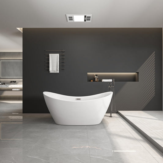 LOVMOR 67" Acrylic Freestanding Soaking Bathtub Soaking Bath Tub with Brushed Nickel Overflow and Pop Up Drain for Bathroom, Double Slipper Tub, Whit