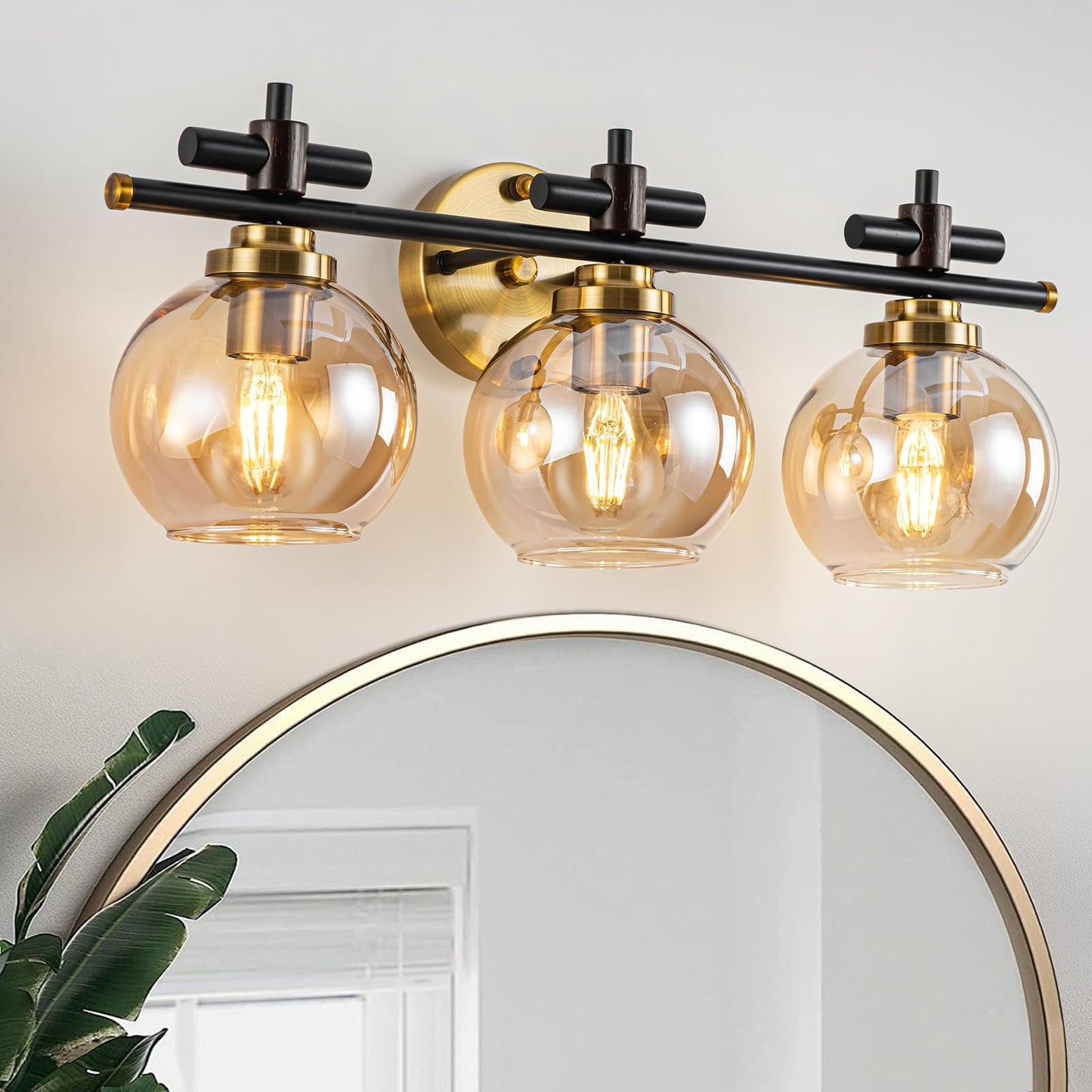 Bathroom Vanity Light, 3-Lights Vanity Lights for Bathroom, Bathroom Light Fixtures Over Mirror with Amber Glass Shade, 23 inch Modern Vanity Light (Amber Glass, 3 Lights)
