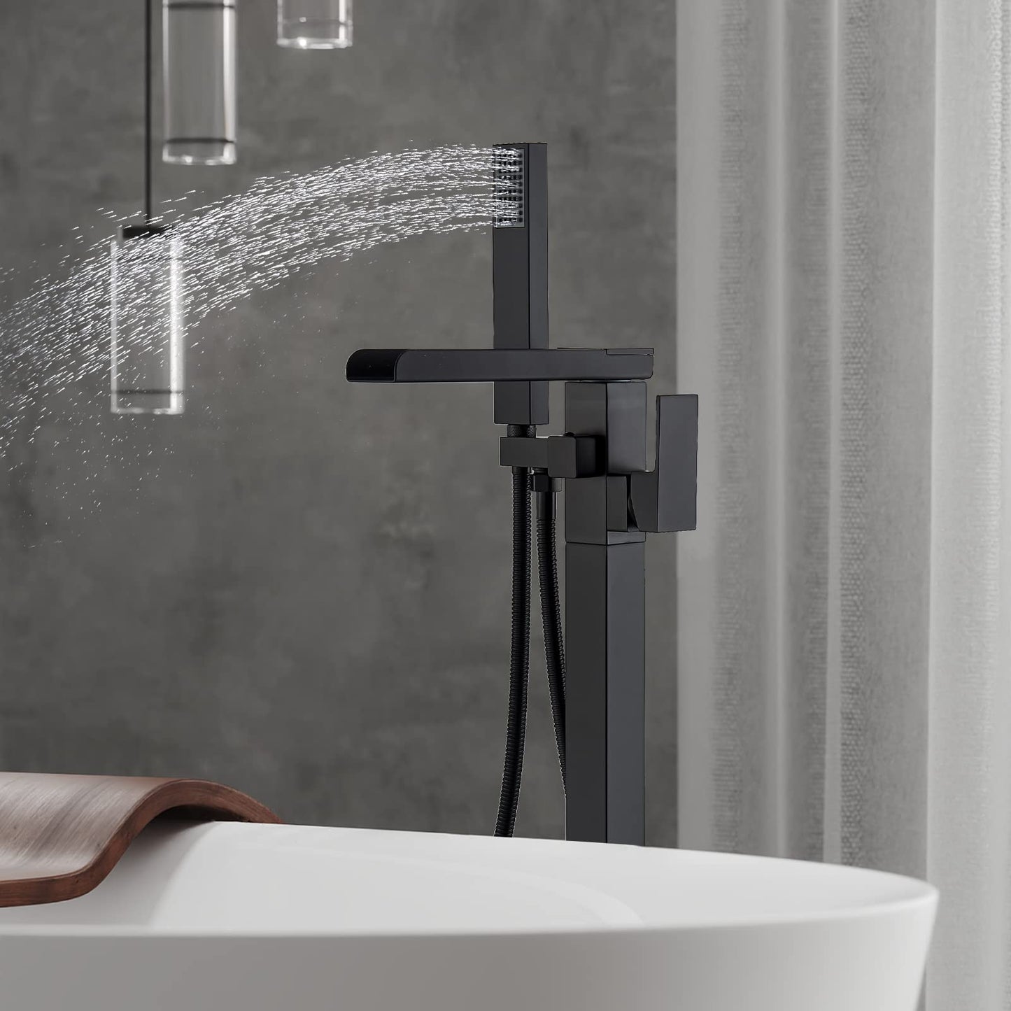 YAGATAP Freestanding Bathtub Faucet Floor Mount Tub Filler Matte Black High Flow Shower Faucets with Handheld Shower Mixer Taps Swivel Spout