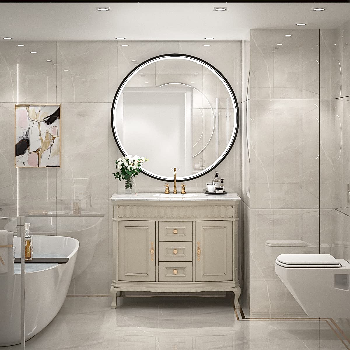 LED Round Mirror,36 Inch Gold Frame Bathroom Mirror with Light,6000K Lighted Vanity Mirror,Wall Mounted,Anti-Fog & Dimmable Touch Switch, Waterproof IP54
