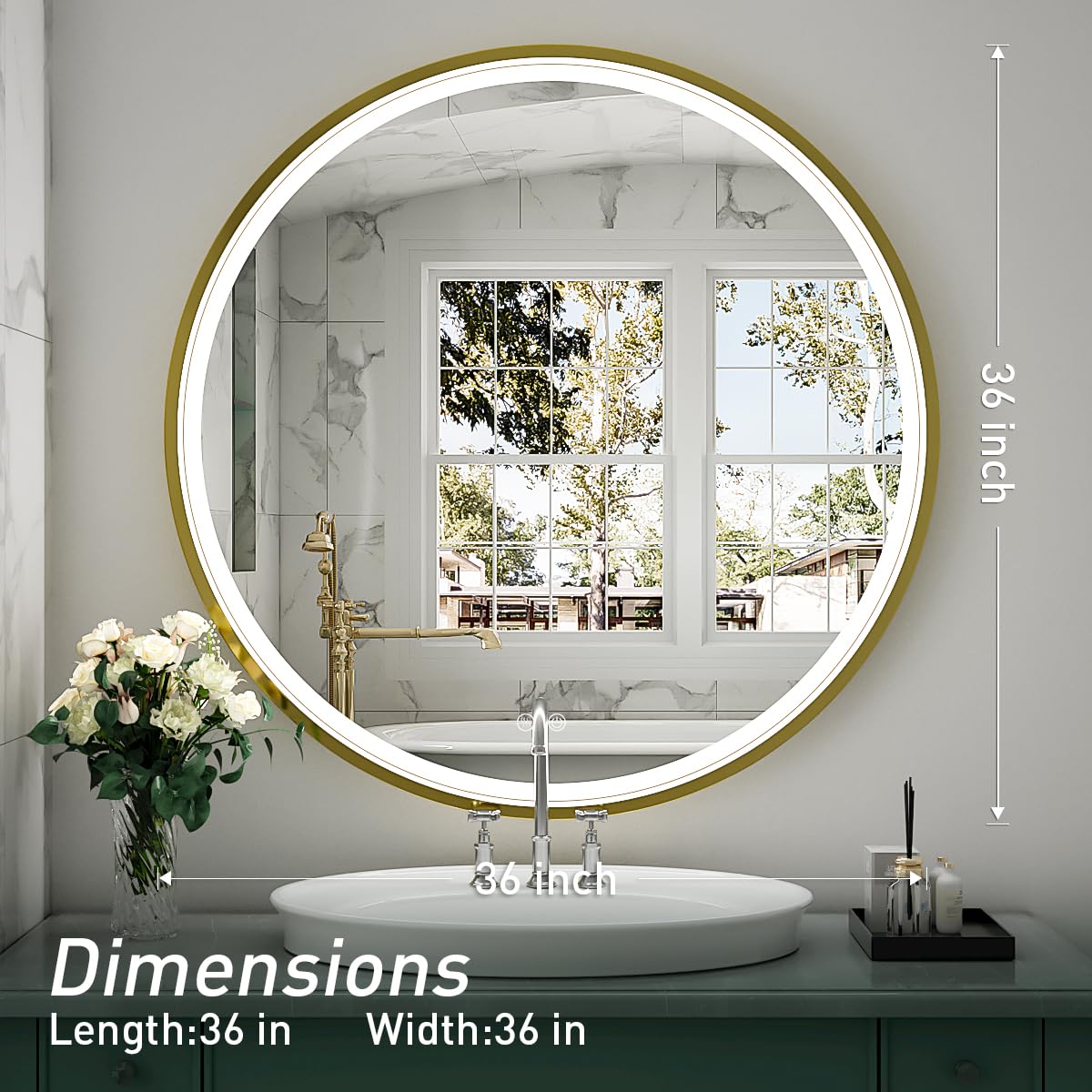 LED Round Mirror,36 Inch Gold Frame Bathroom Mirror with Light,6000K Lighted Vanity Mirror,Wall Mounted,Anti-Fog & Dimmable Touch Switch, Waterproof IP54