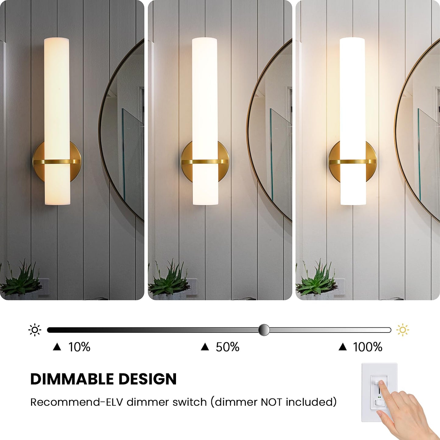 Gold Wall Sconces Set of Two - Dimmable Modern Sconces Wall Lighting 18W 3000K Led Wall Lights Acrylic Lampshade Hardwired Wall Light Fixtures for Living Room Bedroom Bathroom Hallway 18inch