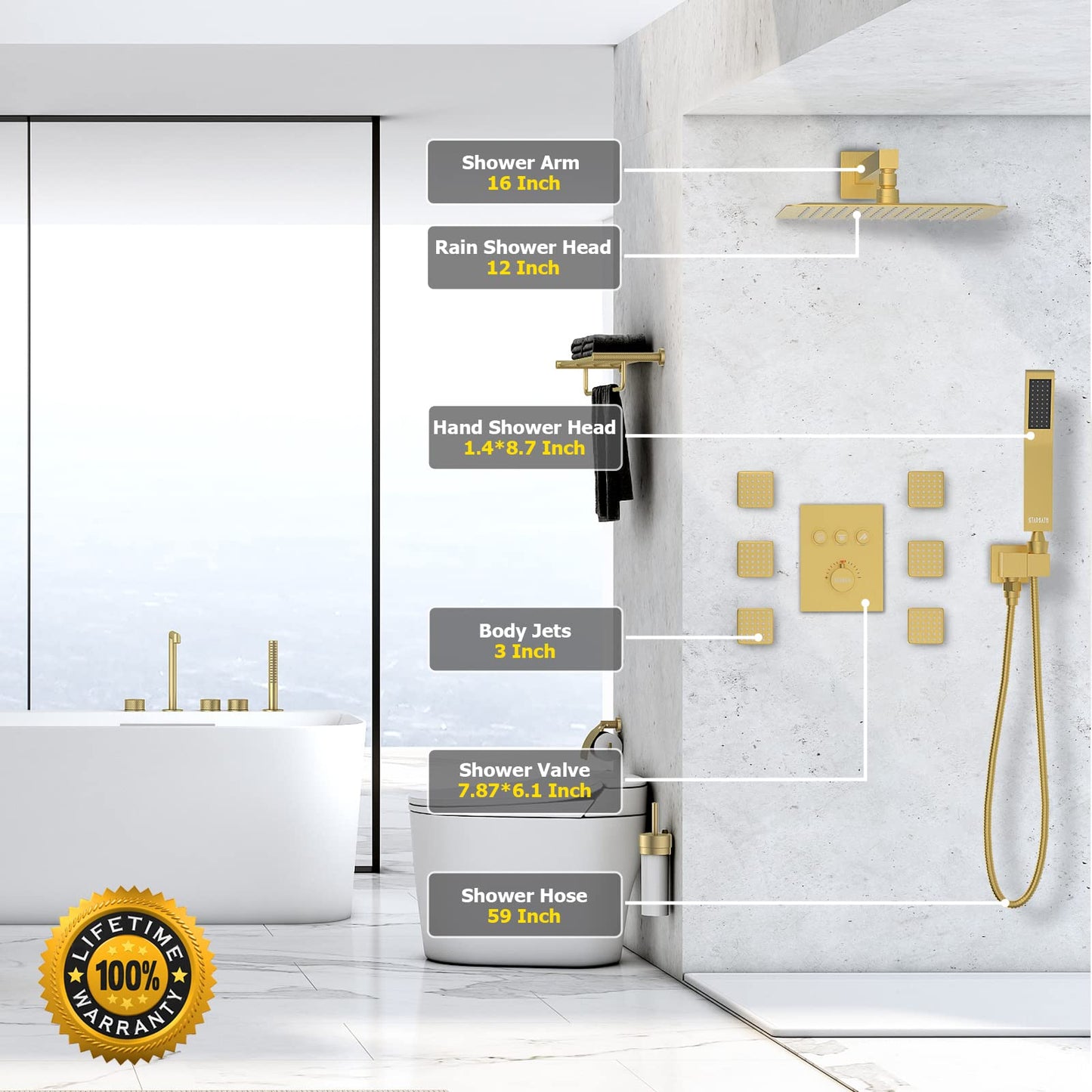Gold Shower System, 12 Inch Shower Jets System Rain Shower Wall Mounted Body Spray Shower Faucet with Handheld and 6 Shower Jets Thermostatic Valve Body Can Use All Together-Brushed Gold