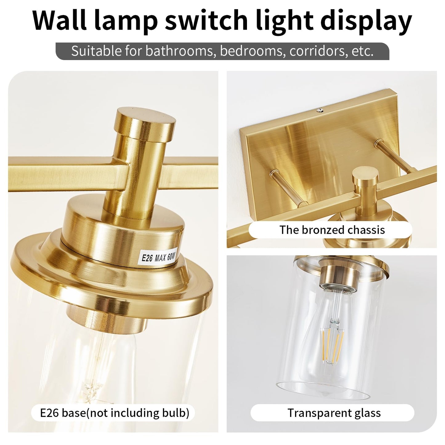 3 Light Bathroom Light Fixtures, Black and Brushed Gold Vanity Light Fixture Over Mirror, Modern Wall Sconces Lighting Wall Lamp for Bathroom, Bedroom, Hallway with Clear Glass Shade