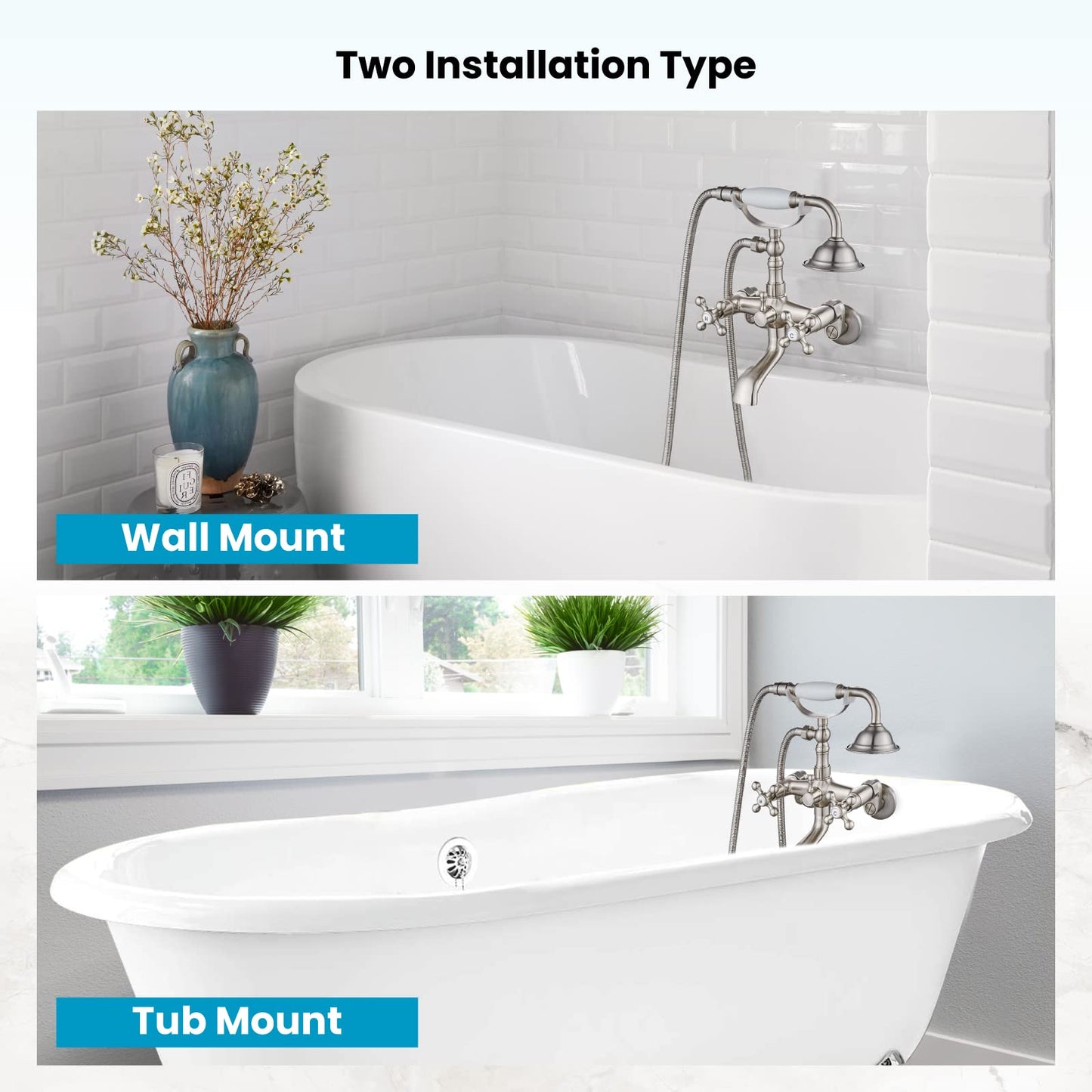 gotonovo Bathtub Clawfoot Faucet Brushed Nickel Finish Wall Mount Tub Filler with Hand Held Shower Faucet 2 Cross Handles with Tub Spout Victorian Vintage Telephone Style