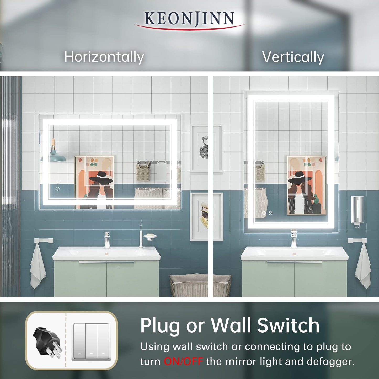 Keonjinn LED Bathroom Mirror 55 x 30 Inch Large Bathroom Mirror with Front Lights Lighted Vanity Mirror Wall Mounted Makeup Mirror Anti-Fog Dimmable Tempered Glass (Horizontal/Vertical)