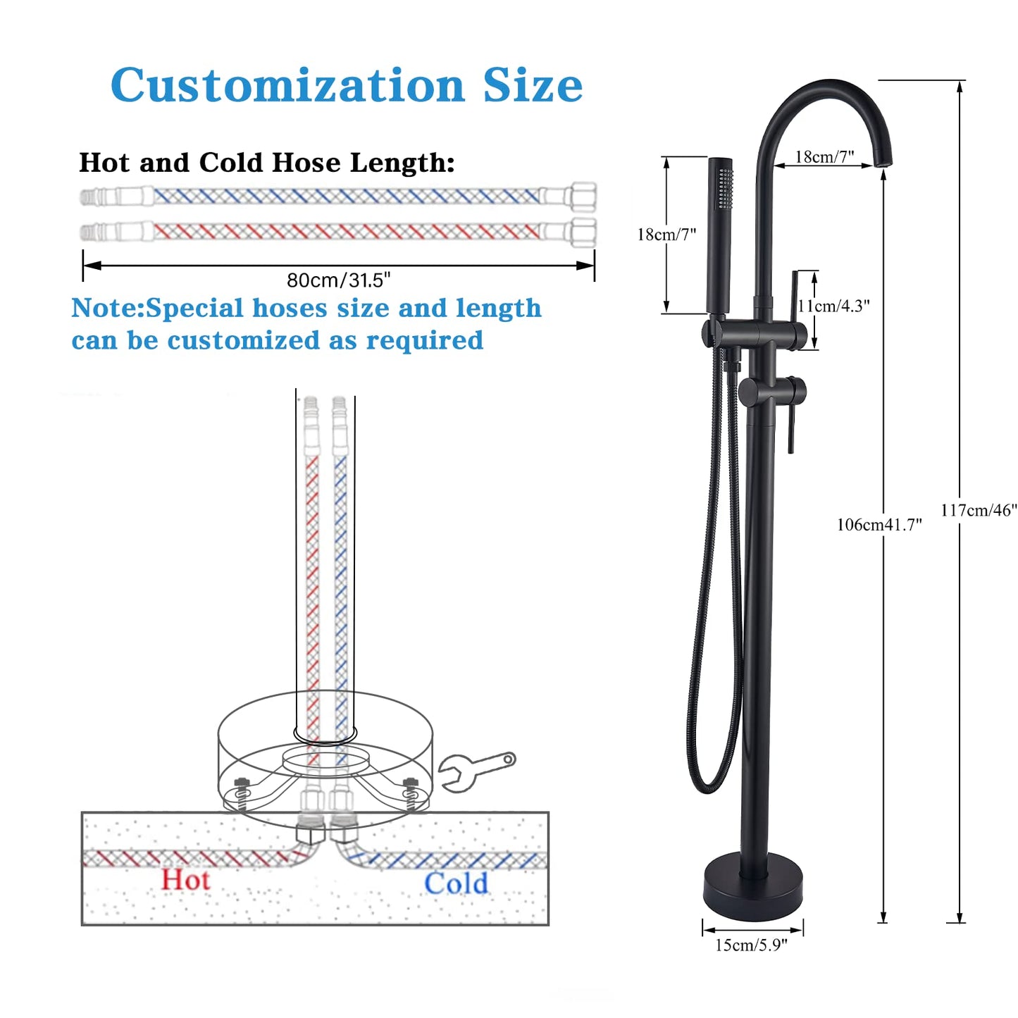YAGATAP Freestanding Bathtub Faucet Floor Mount Tub Filler Matte Black High Flow Shower Faucets with Handheld Shower Mixer Taps Swivel Spout