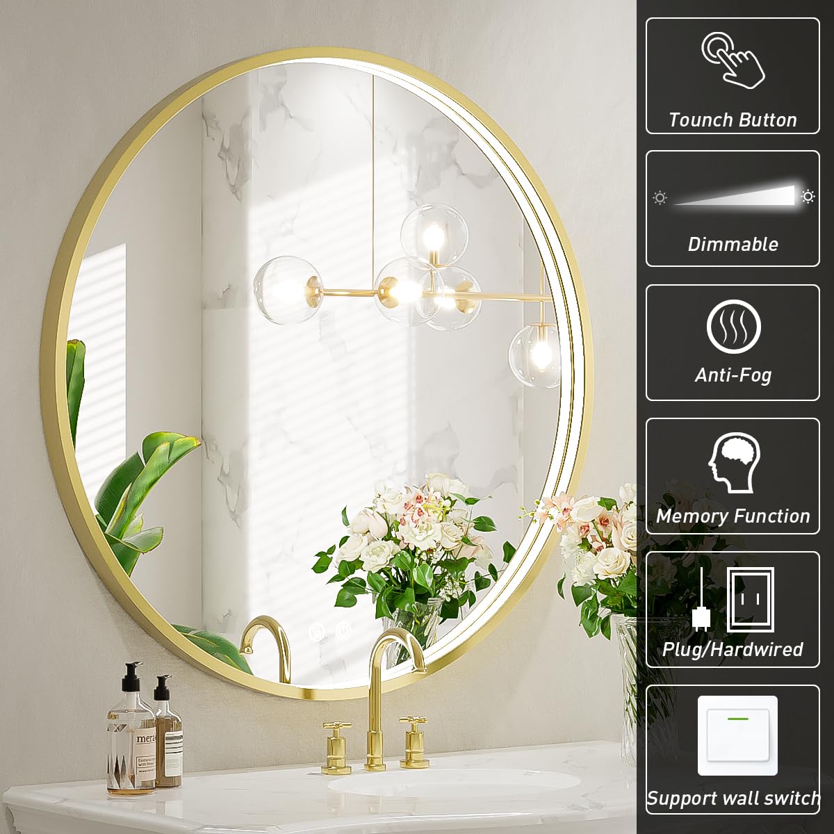 LED Round Mirror,36 Inch Gold Frame Bathroom Mirror with Light,6000K Lighted Vanity Mirror,Wall Mounted,Anti-Fog & Dimmable Touch Switch, Waterproof IP54
