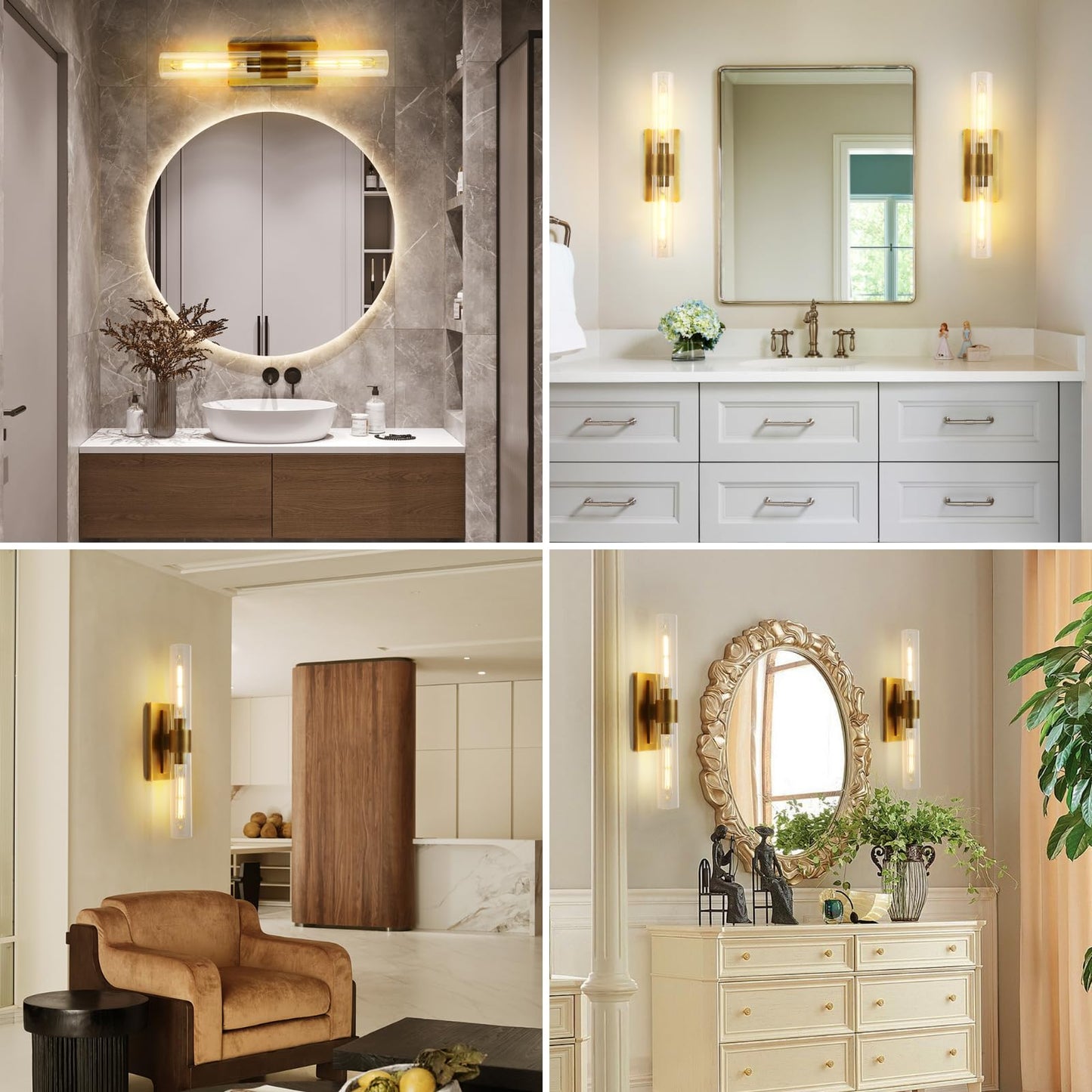 Brass Wall Sconces Set of Two, 22.8" Sconces Wall Lighting 2-Light, Gold Bathroom Vanity Wall Sconces, Glass Tube Wall Sconces, Indoor Wall Sconces for Bathroom, Bedroom, Vanity, Hallway
