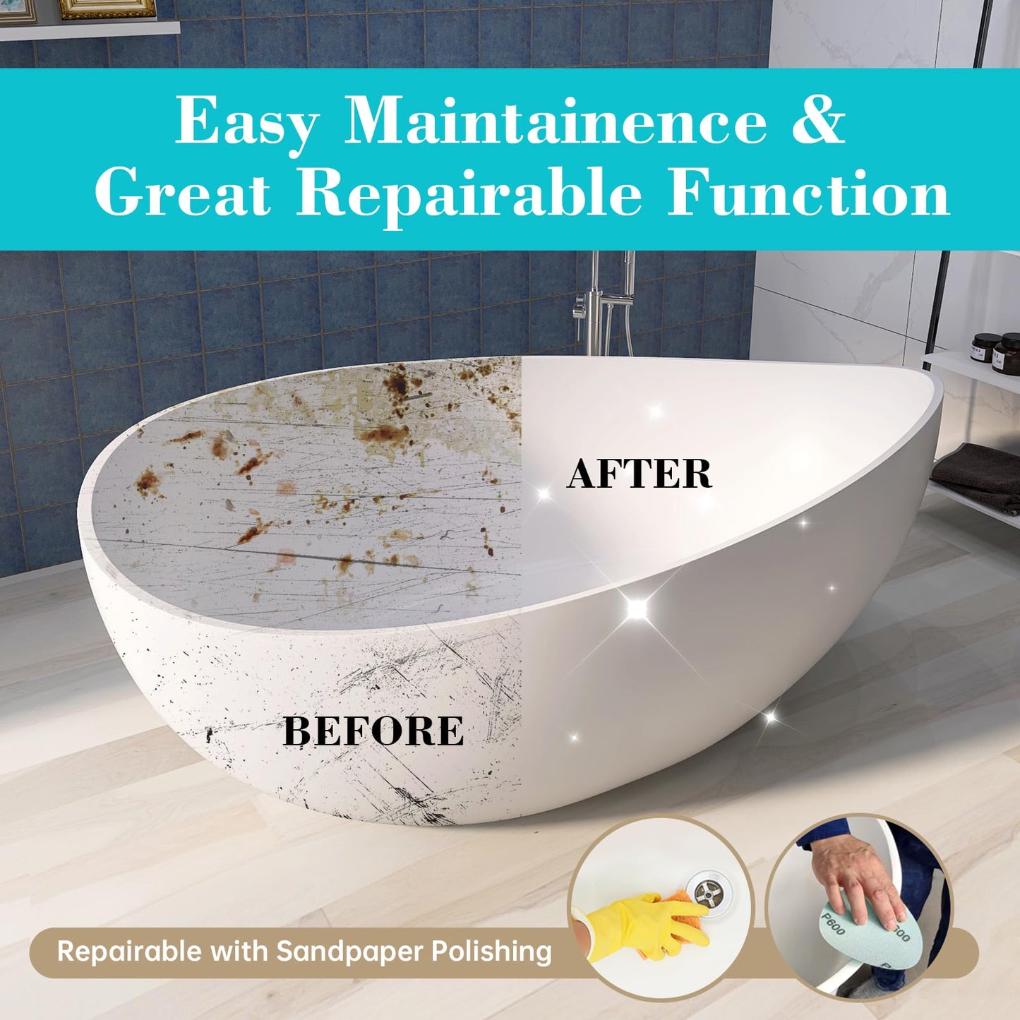 51'' Japanese Soaking Tub Freestanding Bathtub Resin Stone Bathtubs Deep soaking Tub with Overflow and Pop-up Drain - White
