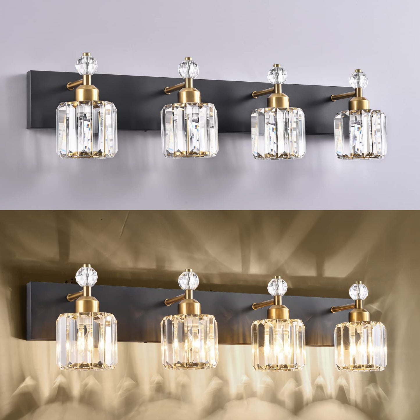 PRESDE Black Gold Crystal Bathroom Vanity Lights Fixtures Over Mirror Modern 3 Light Bath Wall Lighting